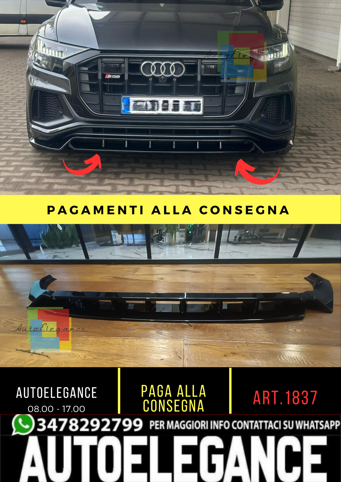 1837✨SPLITTER NERO LUCIDO ADATTO PER AUDI Q8 2018-2024 S-line SQ8 ✨