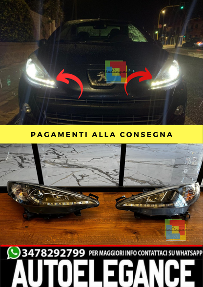 ⭐COPPIA FARI ANTERIORI ADATTO PER PEUGEOT 207 2006-2012 NERI DRL LED dayline⭐