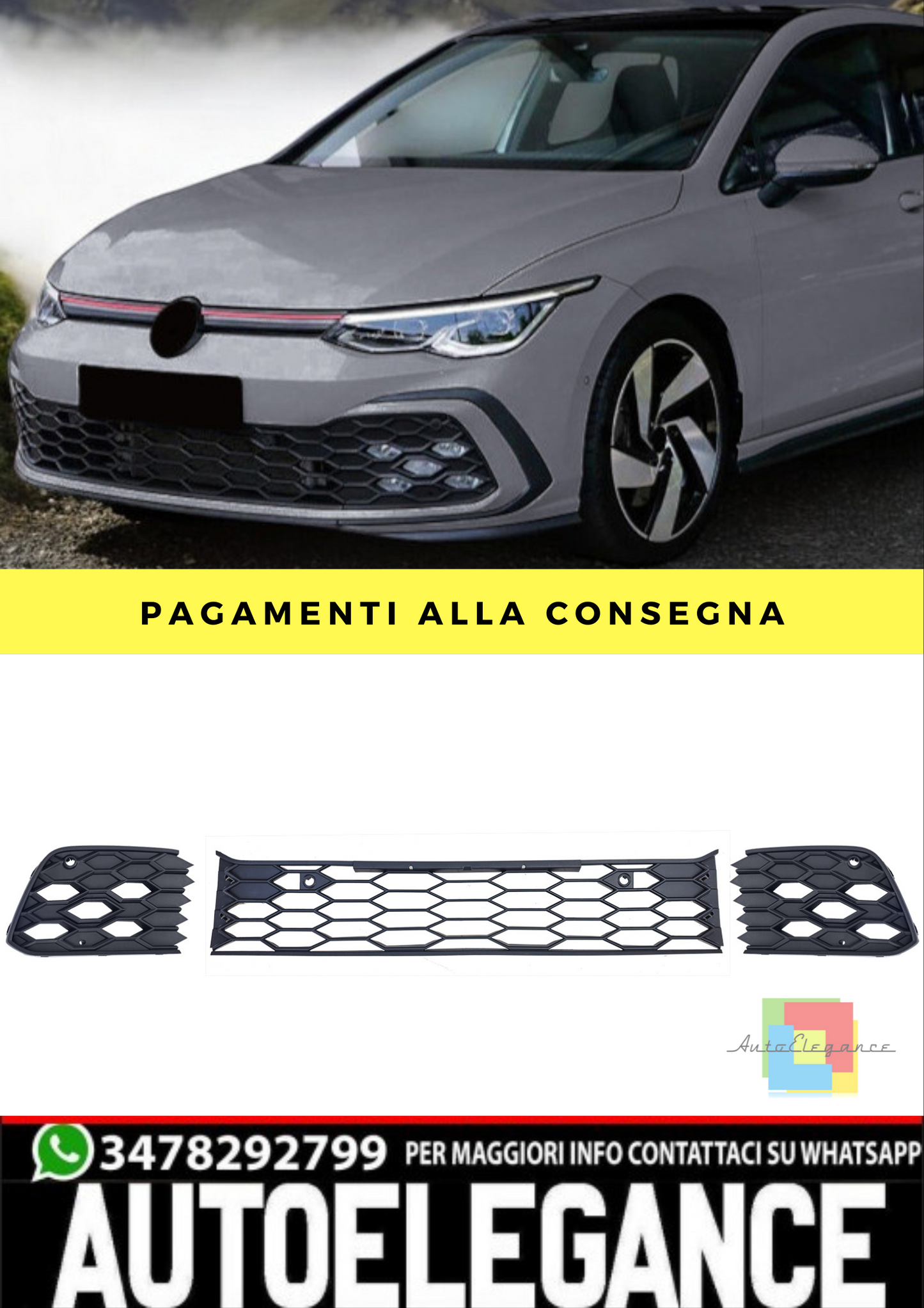 🔥Griglia paraurti 3 pezzi a nido d'ape opaca per VW Golf 8 GTI GTD 19-24🔥