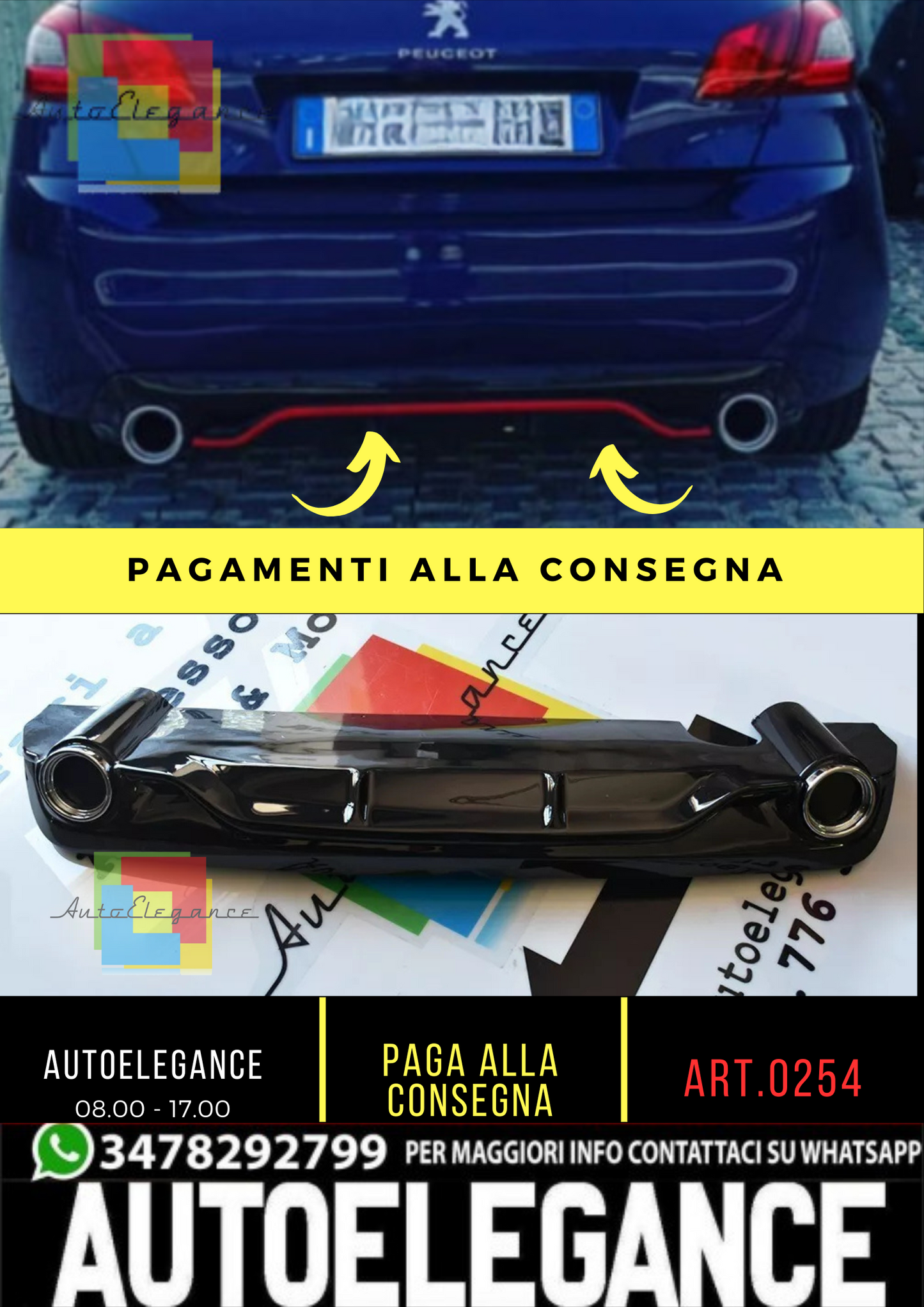 ⭐0254⭐DIFFUSORE NERO LUCIDO PER PEUGEOT 308 II 5 PORTE 13-21 LOOK GTI ⭐
