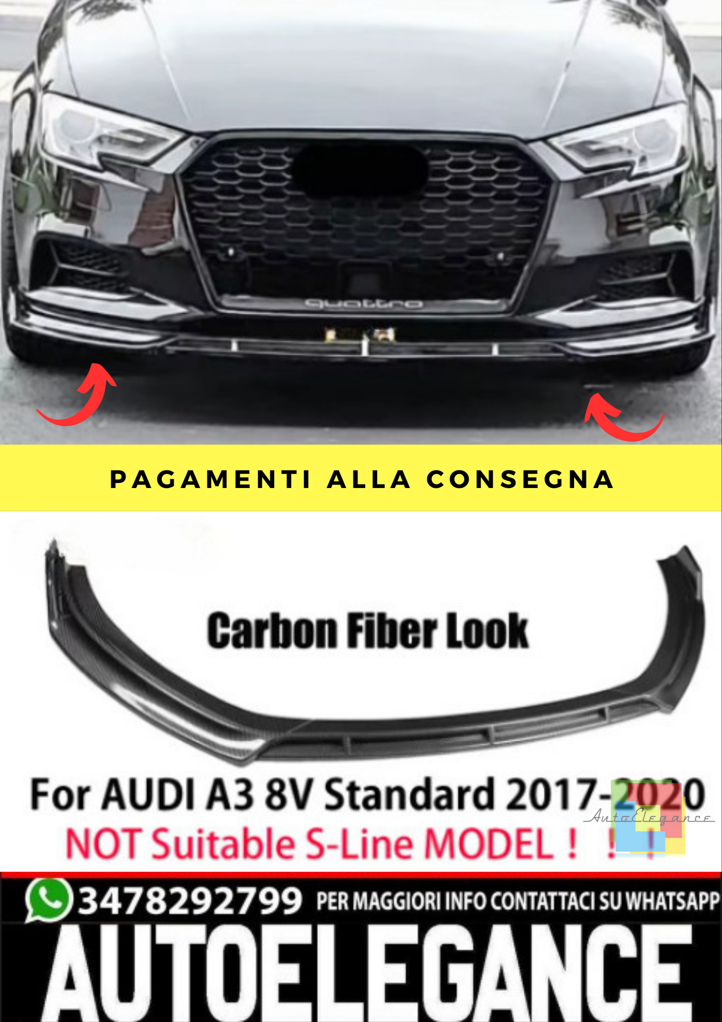 ⭐SPLITTER ADATTO PER Audi A3 8V Standard Edition 2017 2018 2019 2020⭐