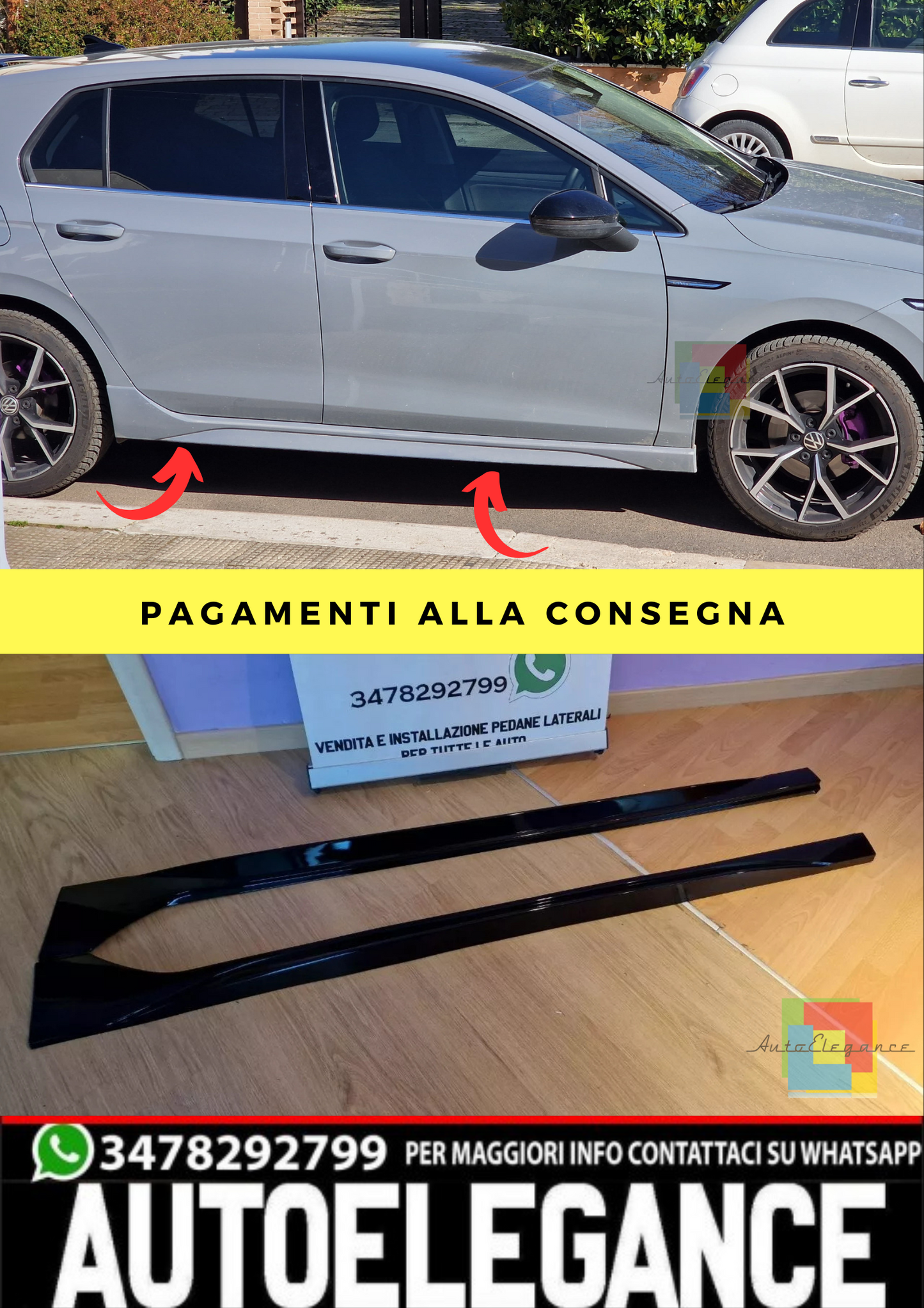 💎1080 MINIGONNE ADATTE PER VW GOLF 8 LOOK R NERO LUCIDO (TOP)💎