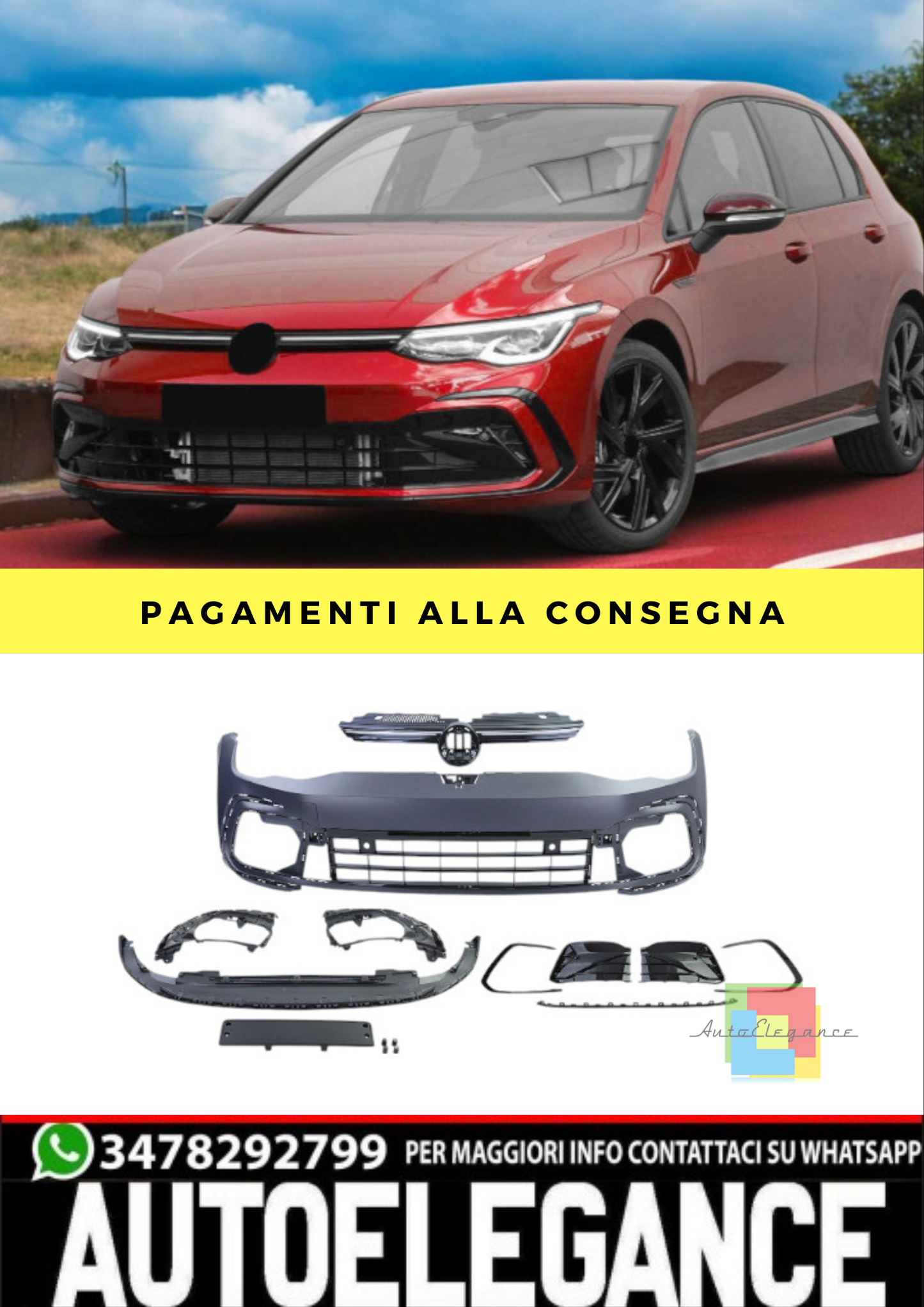 ❄️Paraurti Anteriore Sport+griglie con Striscia LED per VW Golf8 anche RLine19❄️