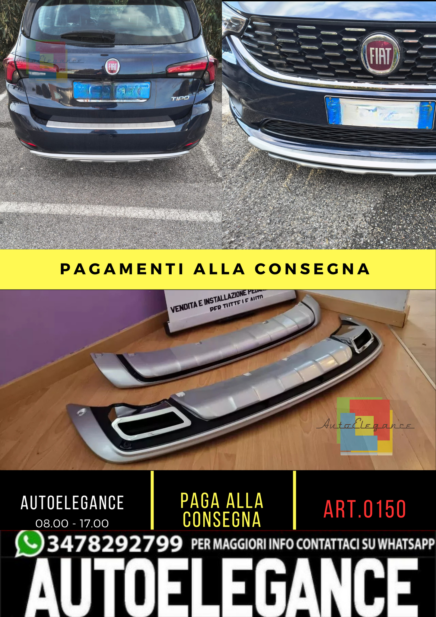 🔥015 SPOILER SOTTO PARAURTI ANTERIORE + POSTERIORE ABS ADATTO PER FIAT TIPO🔥