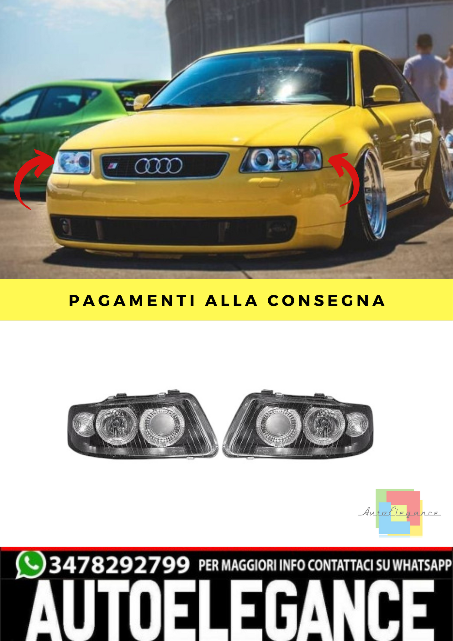 🔥SET DI FARI ANTERIORE  ADATTO PER AUDI A3  2000-2003 VETRO TRASPARENTE/NERO🔥