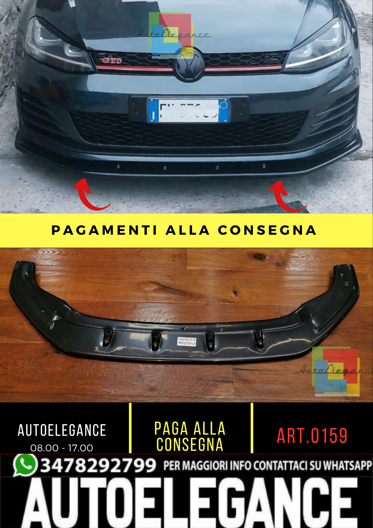 🔥0159 SPLITTER ADATTO PER VW GOLF 7.5 GTI GTD RLINE 2017-2019 NERO LUCIDO V1🔥