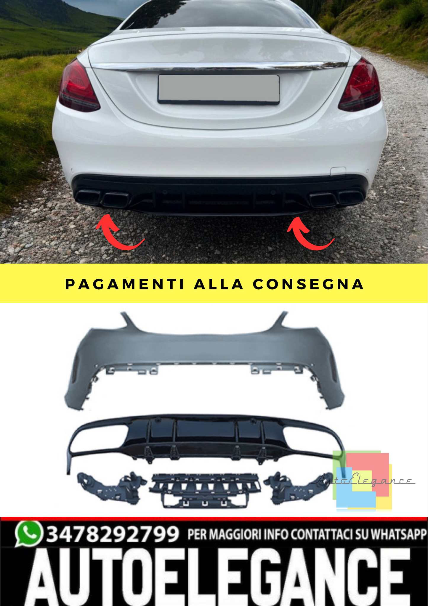 ⭐Paraurti posteriore con diffusore compatibile con Mercedes Classe C W205 Facel⭐