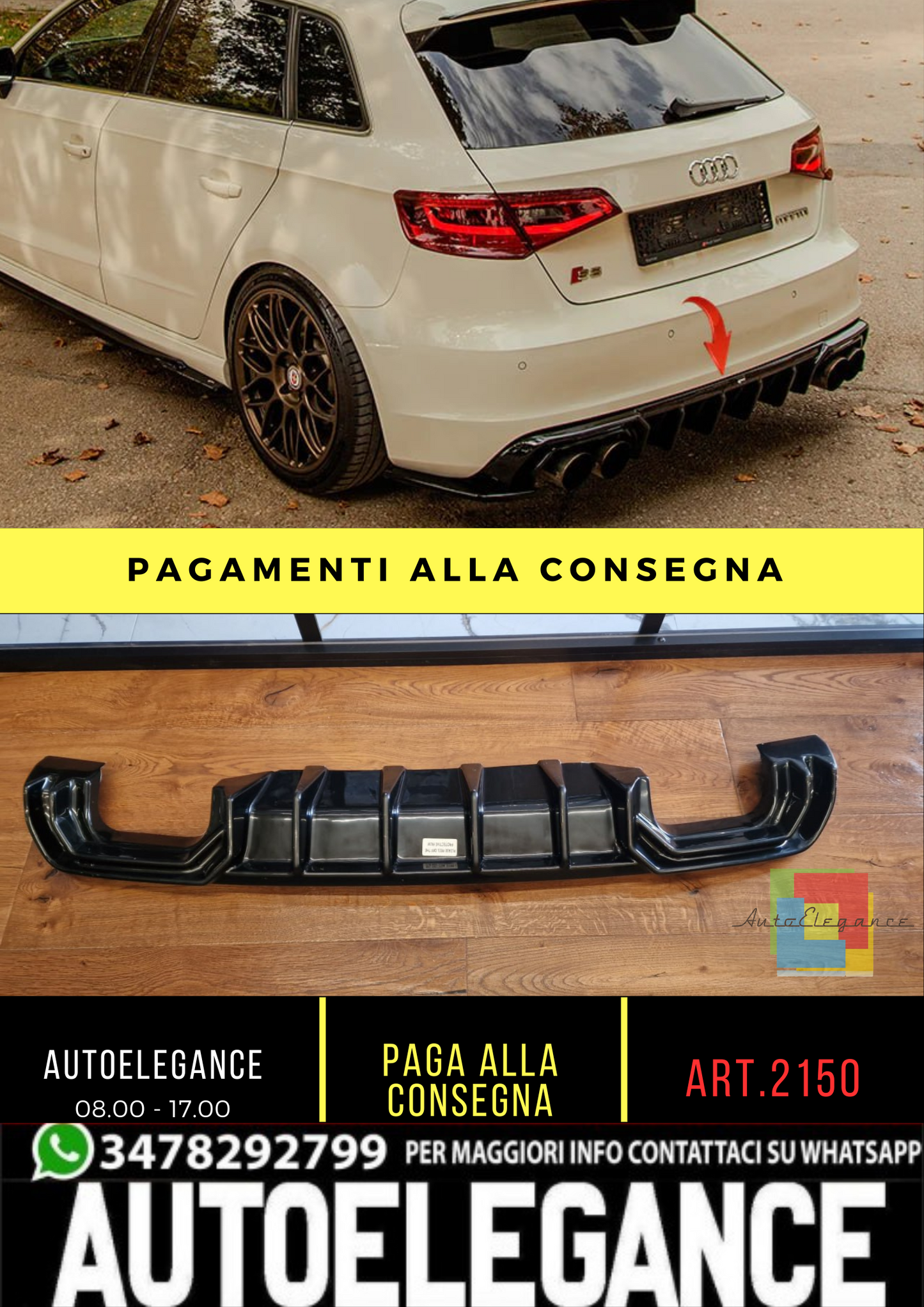 ⭐2150 DIFFUSORE ADATTO PER AUDI A3 8V 2012-2016 SLINE S3 NERO LUCIDO 2+2⭐