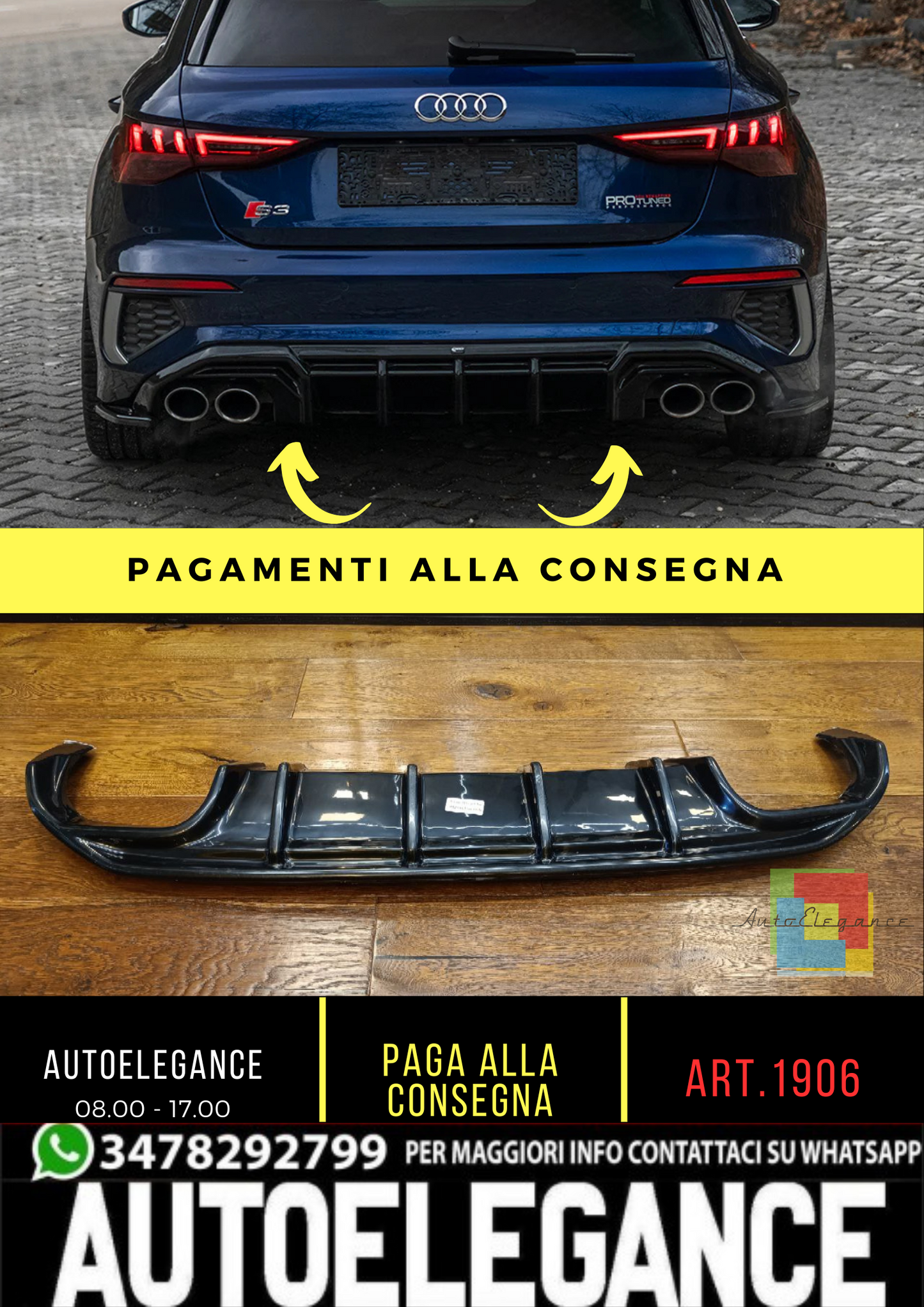 🔥.1906 DIFFUSORE ADATTO PER AUDI A3 8Y 2020+ SLINE S3 SPORTBACK NERO LUCIDO🔥