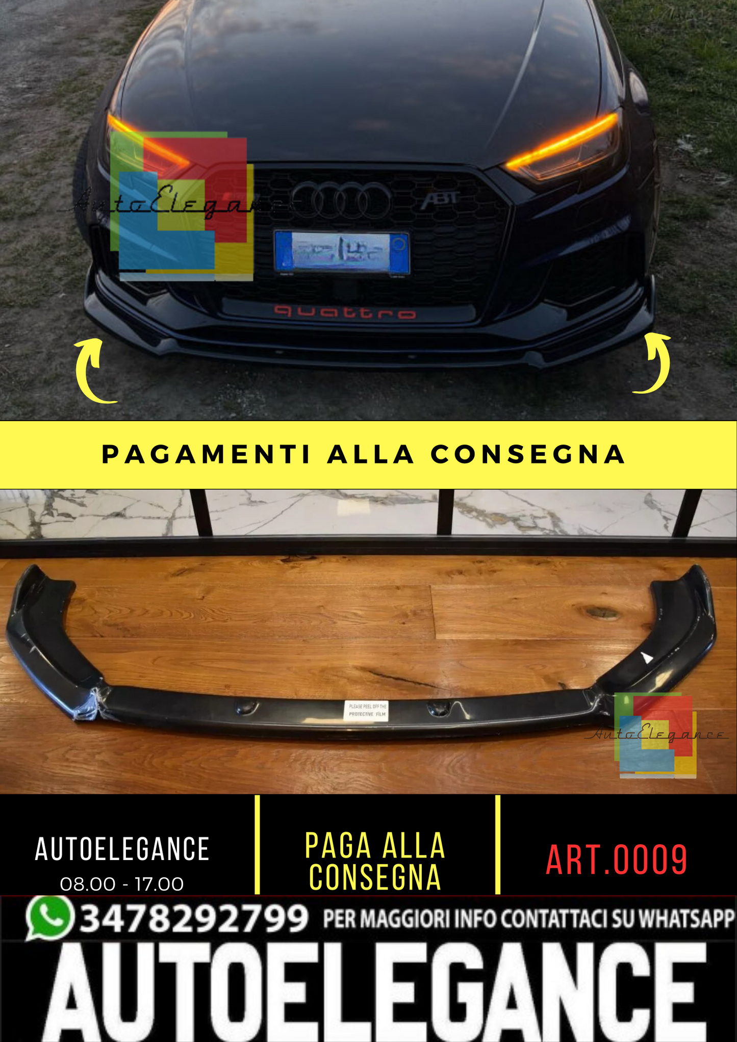 ⭐🔥0009 SPLITTER  ADATTO PER AUDI A3 8V 2017+ RS3 ABS LOOK NERO LUCIDO🔥⭐