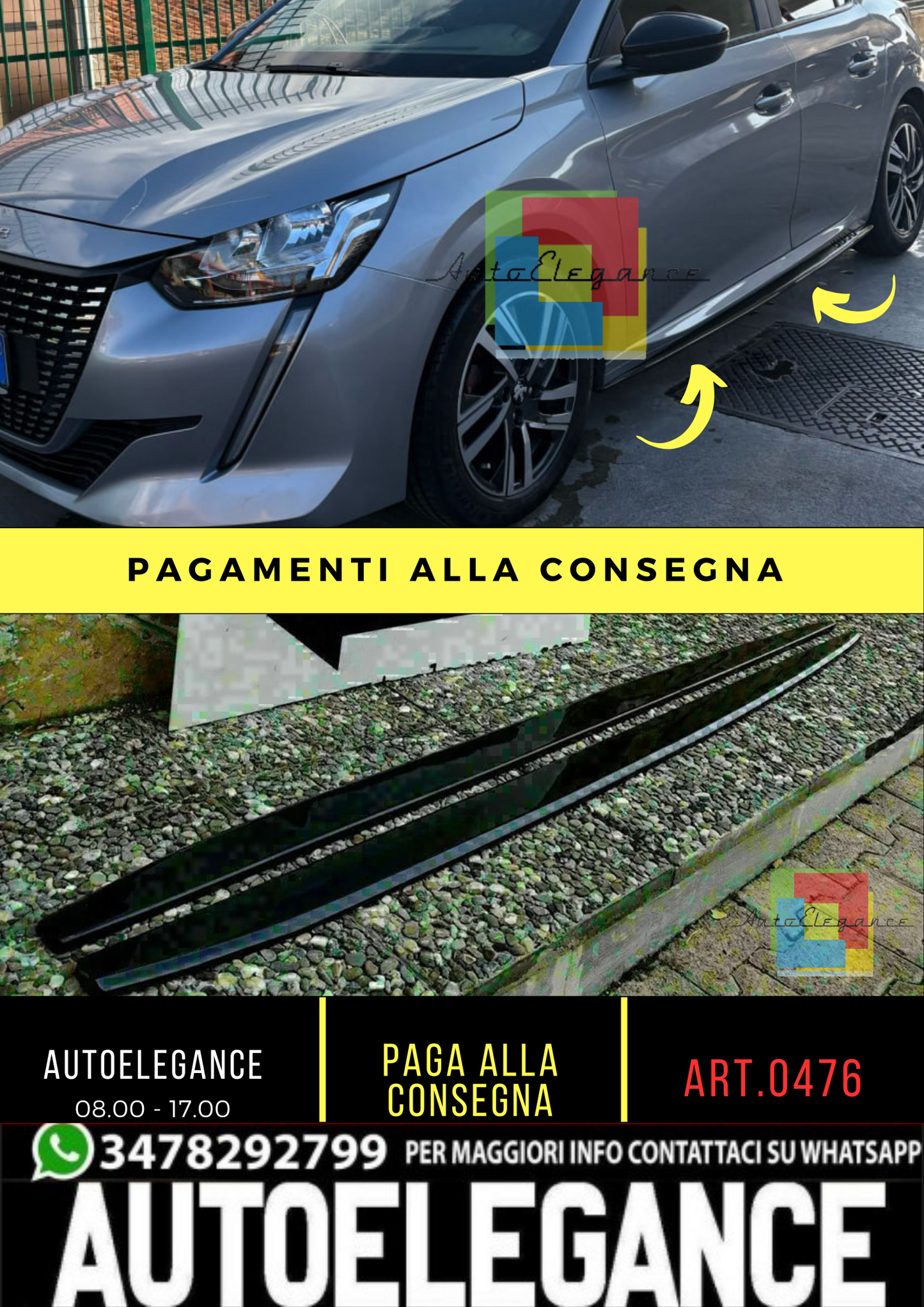 🔥0476 PEUGEOT 207 SPLITTER NERO LUCIDO SOTTO MINIGONNE LATERALI SOTTOPORTA🔥