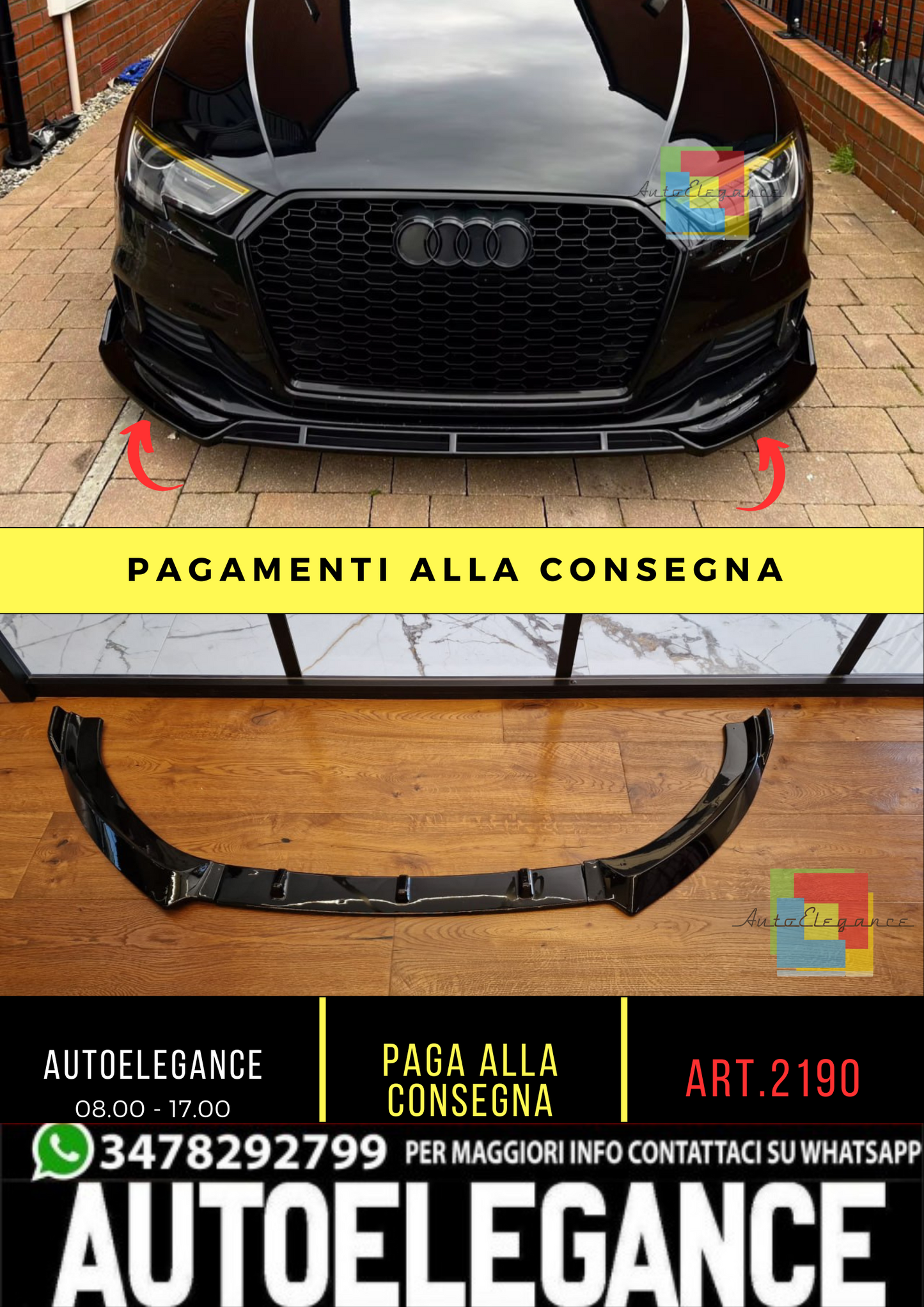 🔥2190 SPLITTER ADATTO PER AUDI A3 8V2016-2020 LIFT STANDARD NERO LUCIDO🔥