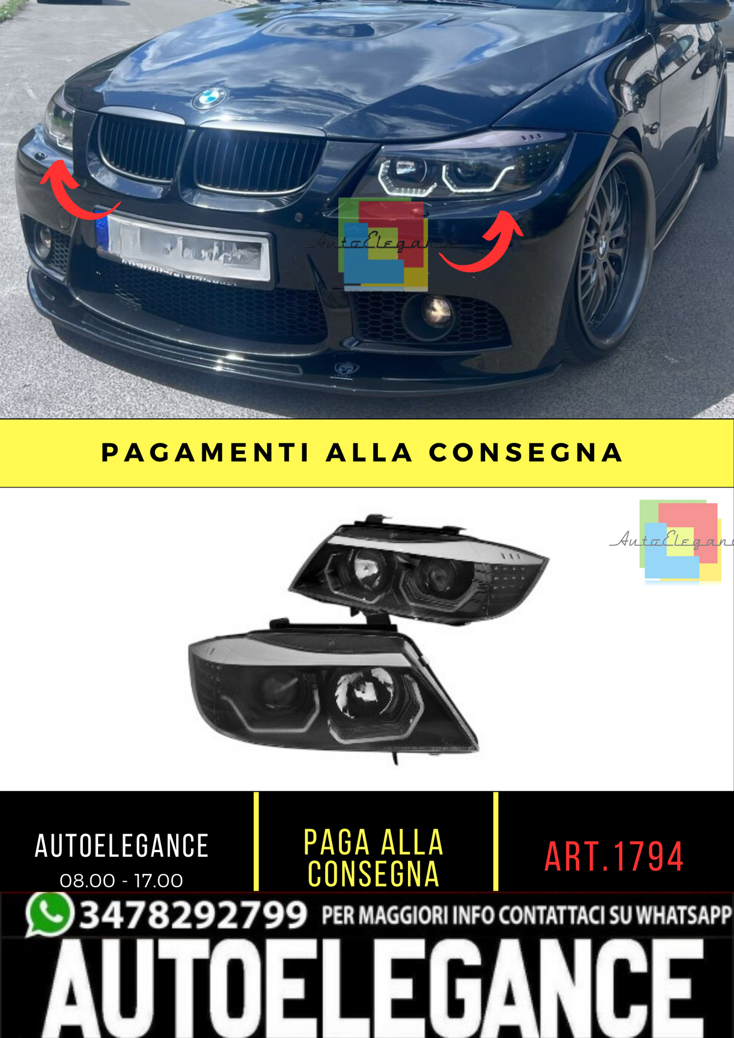 🔥FARI ANGEL EYES LED 3D NERI ADATTI PER BMW SERIE 3 E90/E91 05-08🔥
