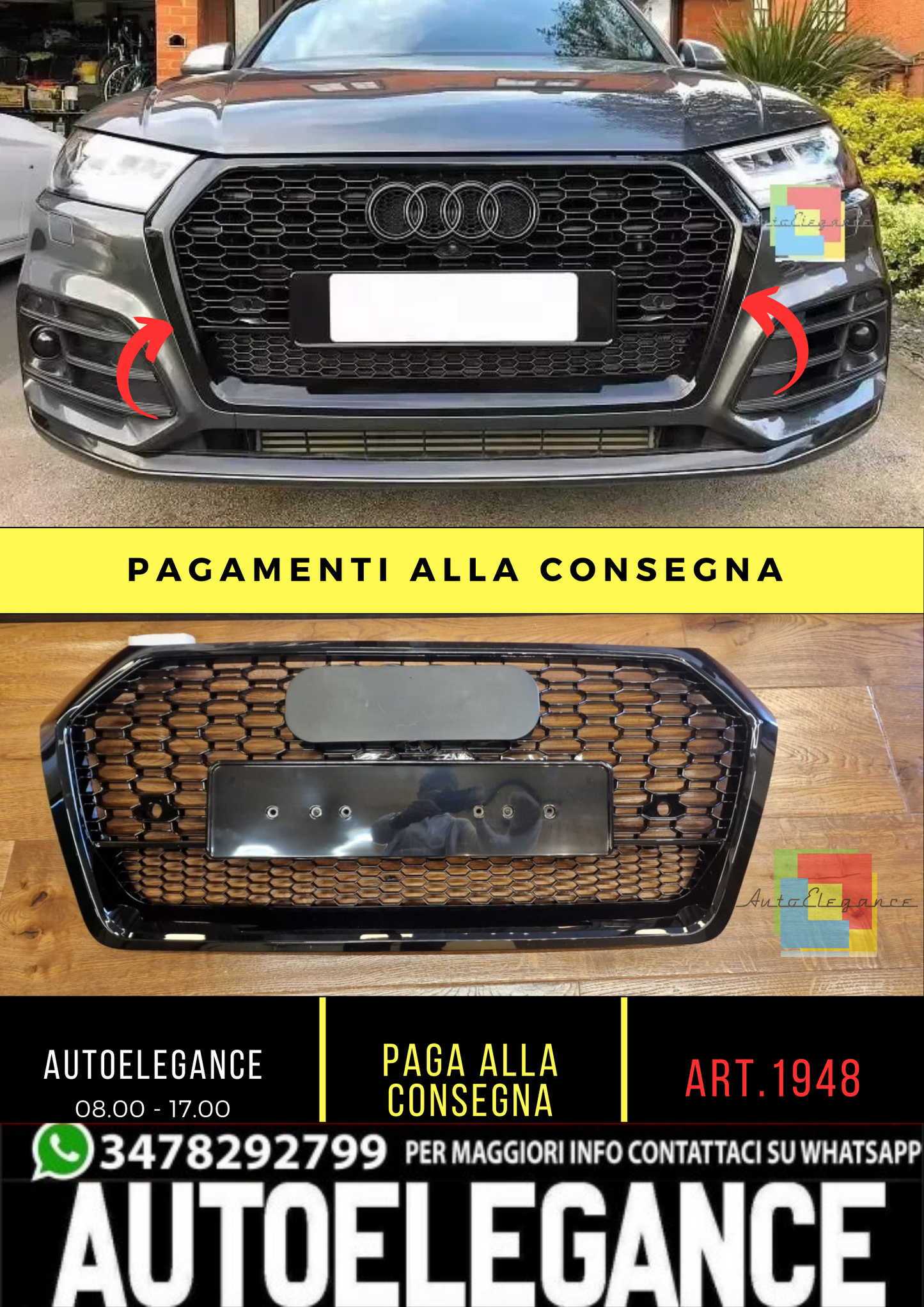 ⭐1948 GRIGLIA ADATTO PER AUDI Q5 FY 2017-2020 LOOK RSQ5 QUATTRO NERO LUCIDO⭐