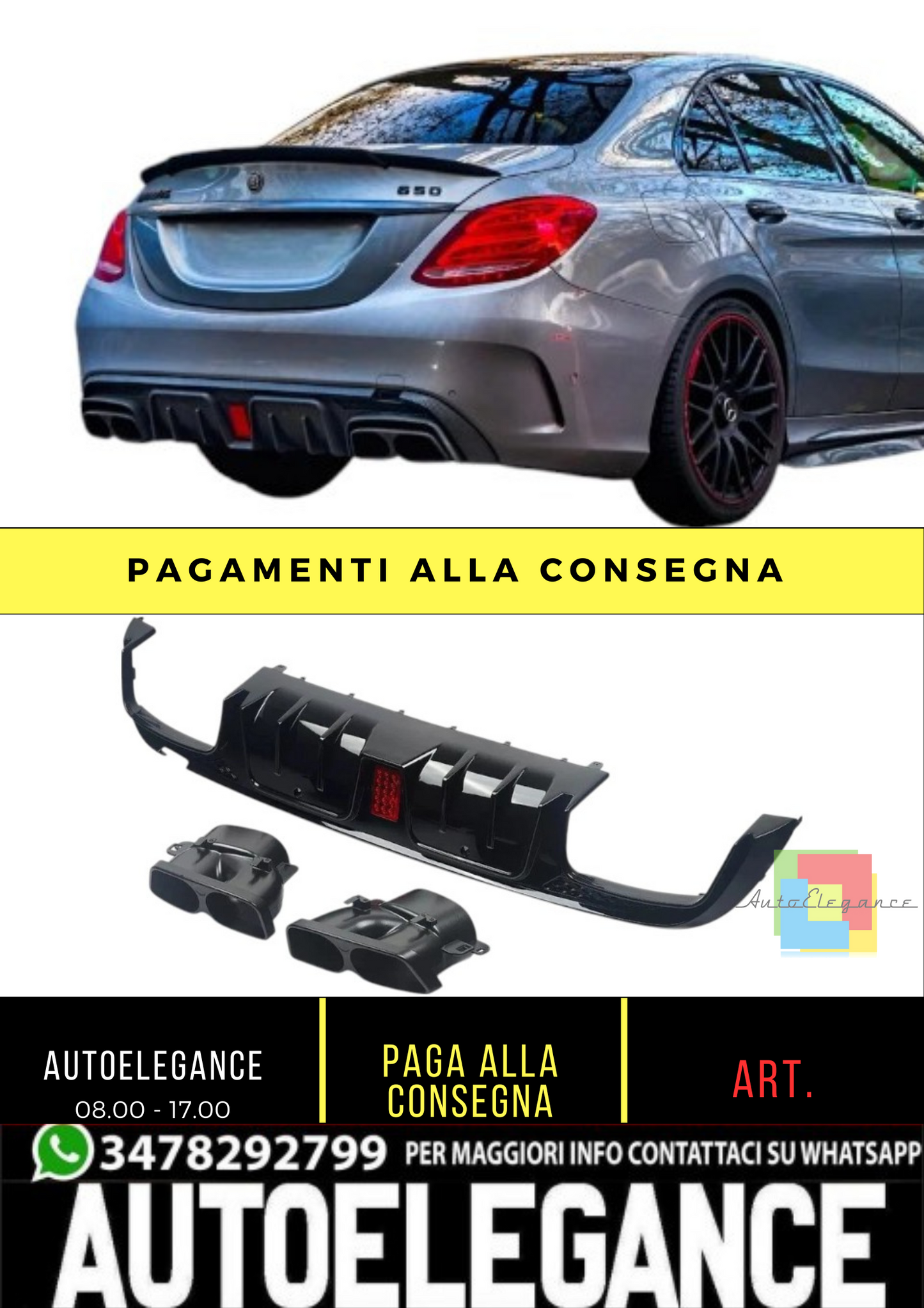 💕 Diffusore Posteriore Nero Lucido Stile Brabus per Mercedes W205 AMG 14–18 💕