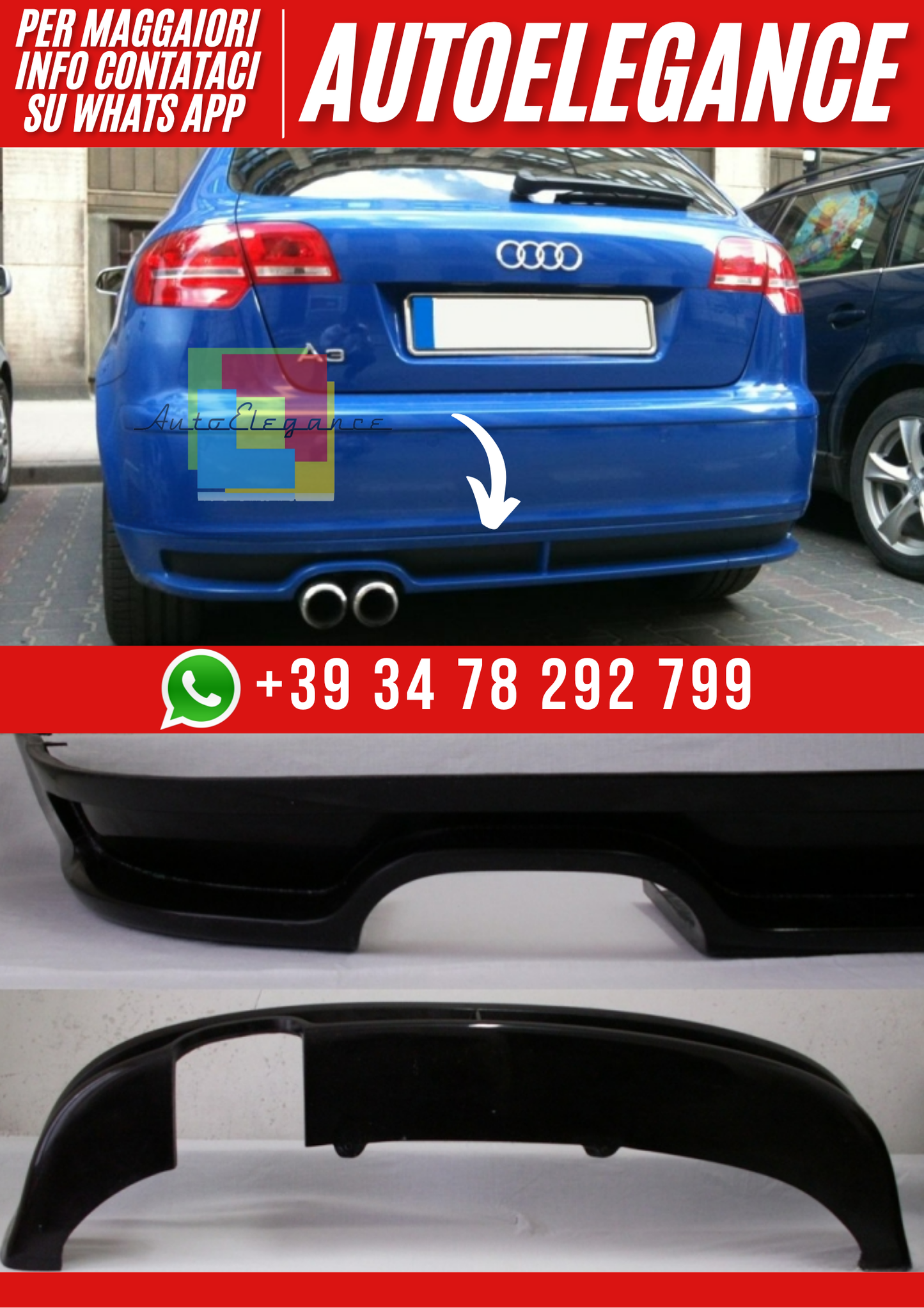 ❤️Diffusore Posteriore Compatibile con Audi A3 8PA Sportback 2005–2008 Ver. 2❤️
