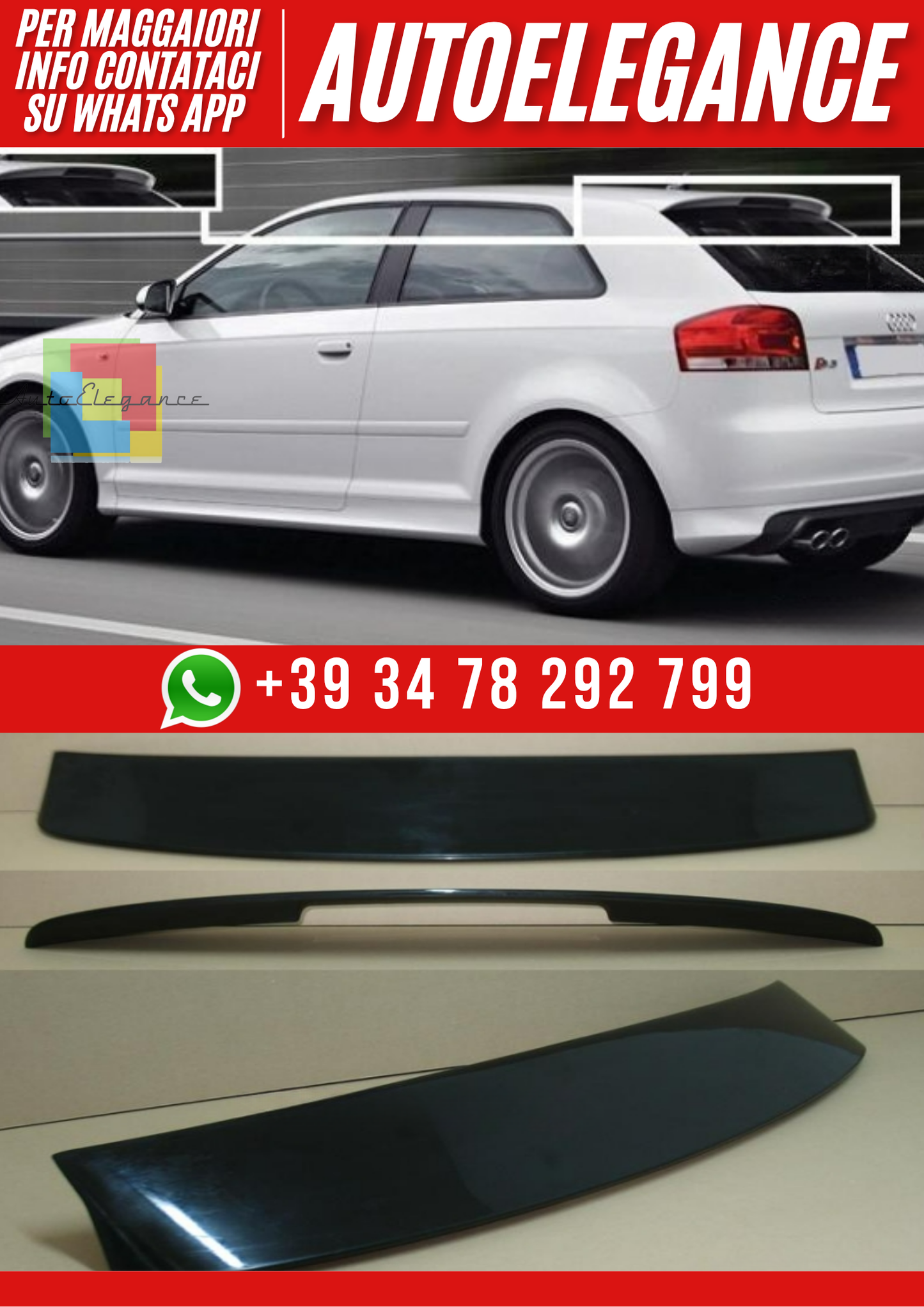 ❤️Spoiler Tetto Posteriore Audi A3 8P 3 Porte 2003–2012 – Versione 2❤️