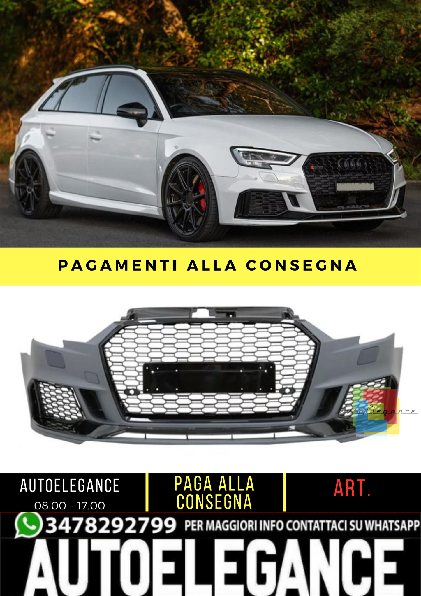 🔥 Paraurti anteriore RS3 Look per Audi A3 (8V) Sportback Facelift (16-19) 🔥