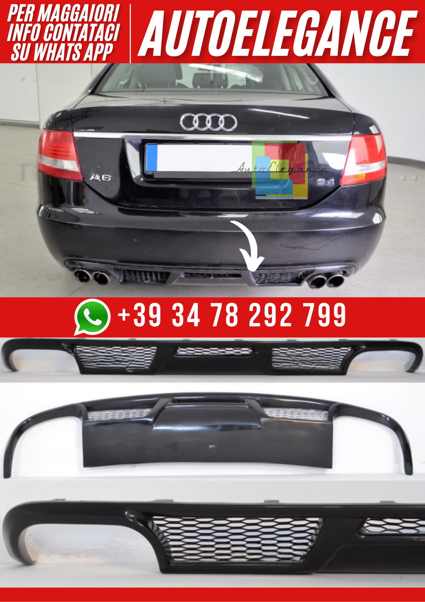 💕Diffusore posteriore paraurti per Audi A6 C6 Berlina 2004–2009 – Look RS6 v2💕
