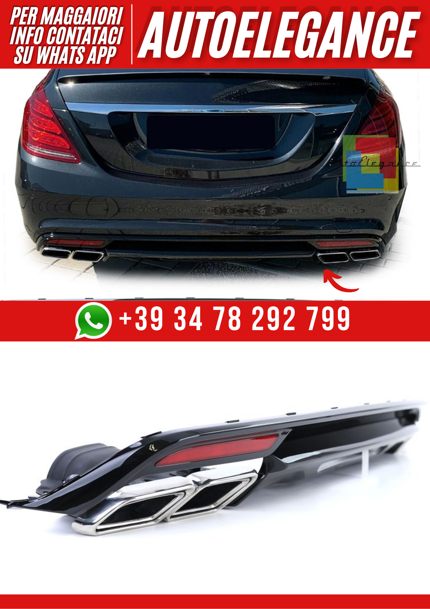 💕 DIFFUSORE CLASSE S W222 13-17 NERO LUCIDO + TERMINALI CROMATI💕