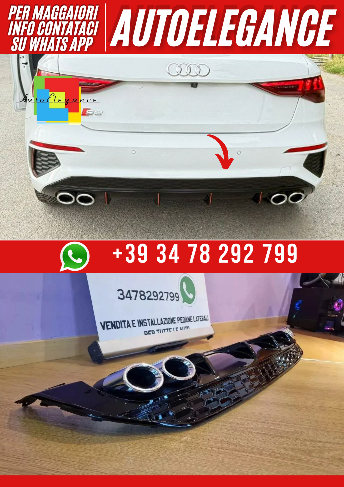 💕DIFFUSORE ADATTO PER A3 8Y 2020+ SPORTBACK LOOK S3 PER PARAURTI SLINE 💕