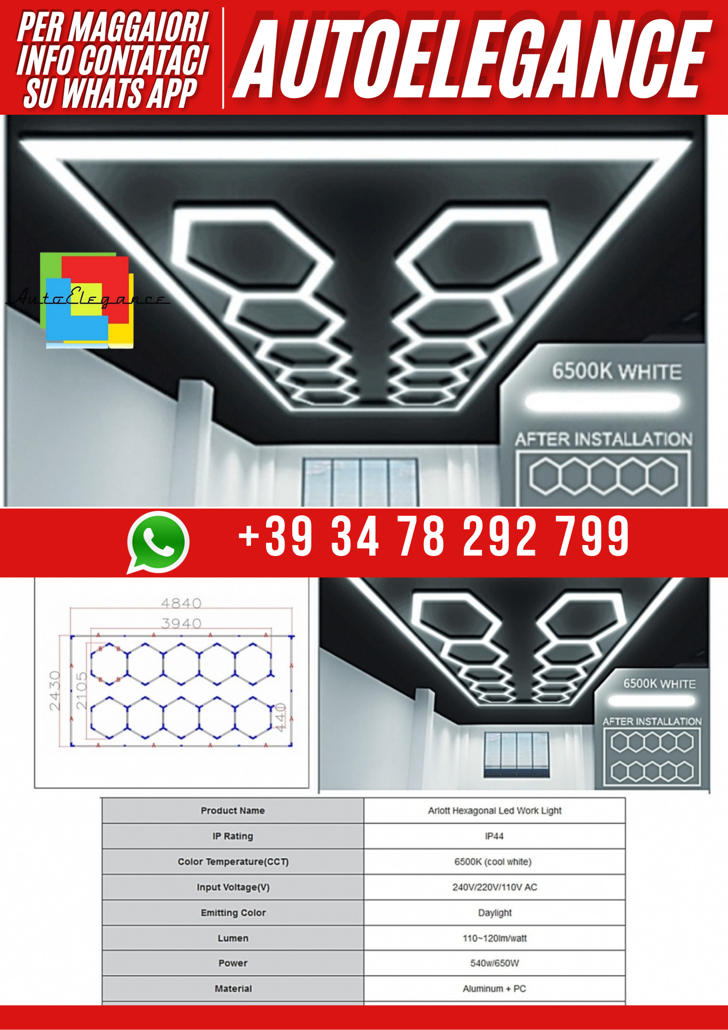 💕Sistema di illuminazione da soffitto a nido d'ape esagonale 3,94 x 2,10 m,  💕