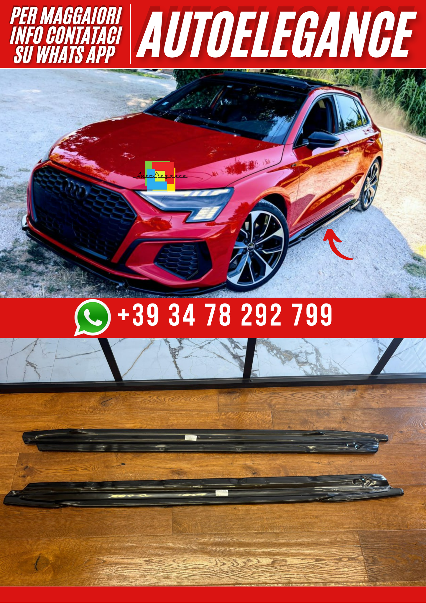 💕ART.2227 SOTTO MINIGONNE A3 8Y S3 2020-2024 (Sedan/Sportback) NERO LUCIDO💕