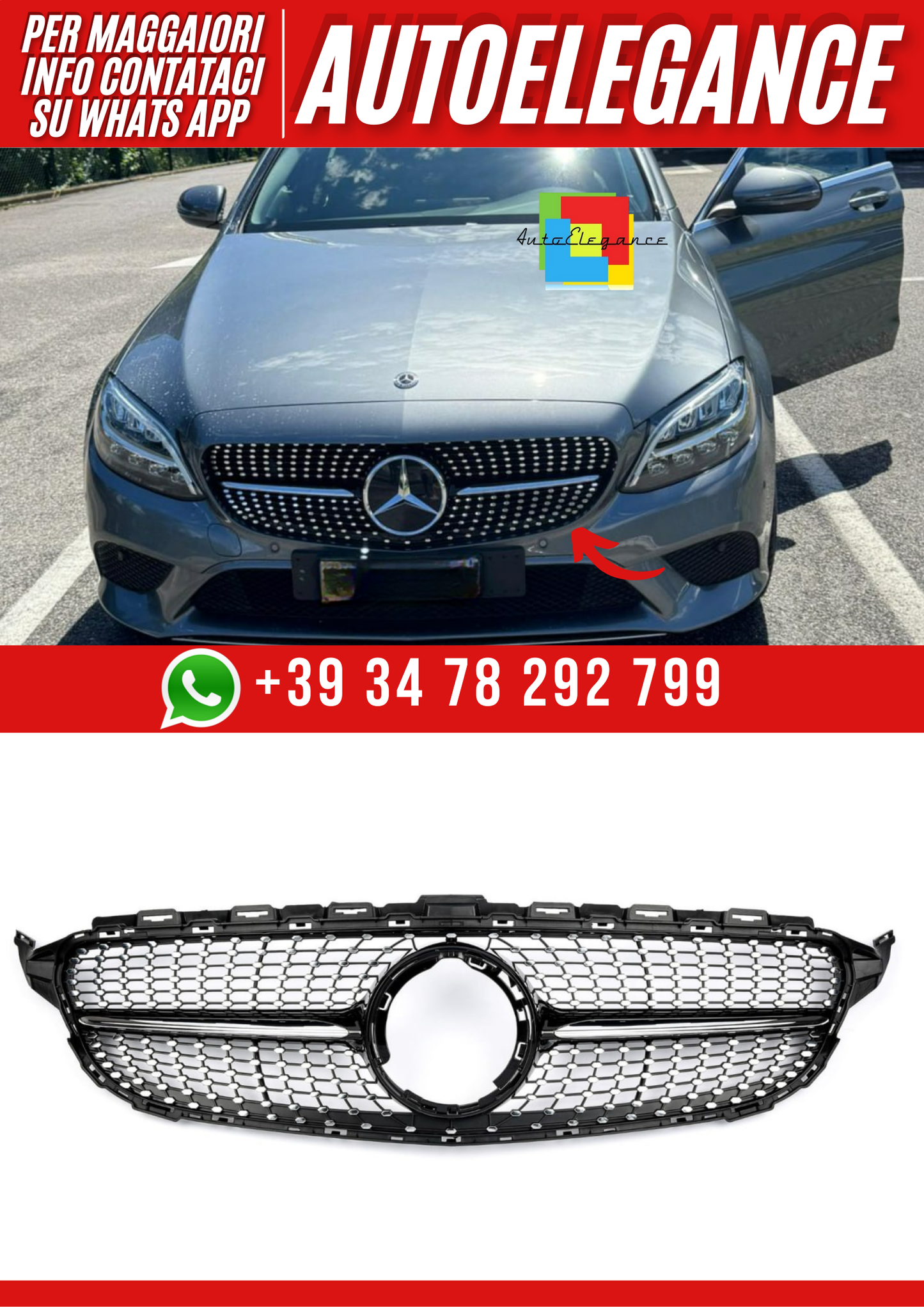 💕ART. 2005 GRIGLIA CLASSE C W205 2019-2022 LOOK AMG DIAMANT CROMATA 💕