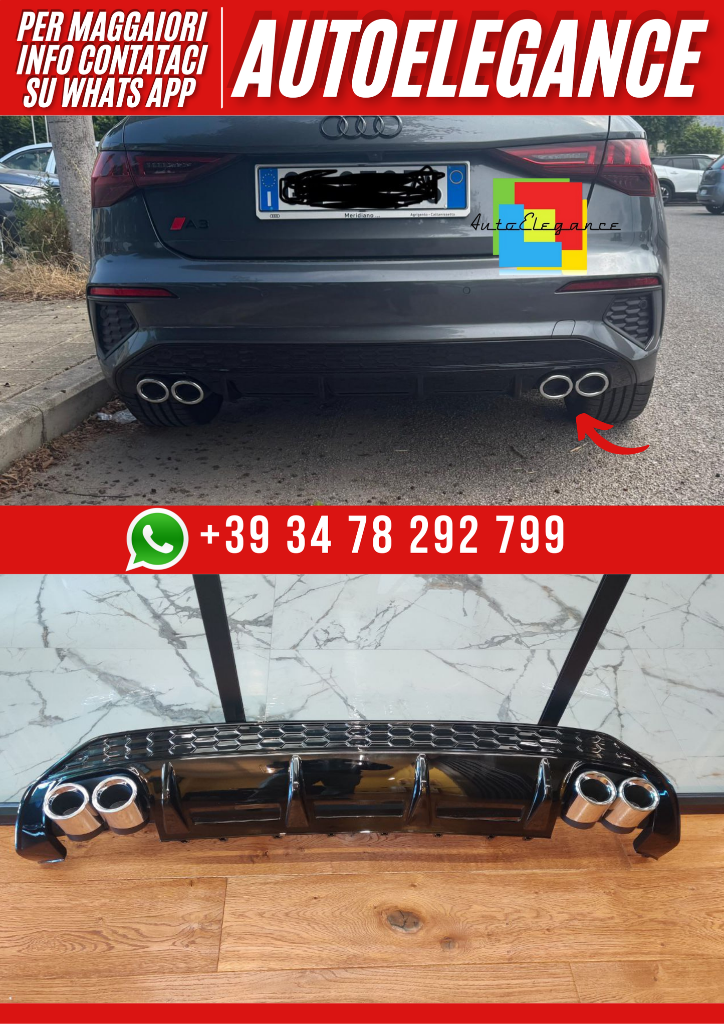💕ART. 1085 DIFFUSORE A3 8Y 2020-2024 SPORTBACK BERLINA LOOK S3 PER PARAURTI 💕