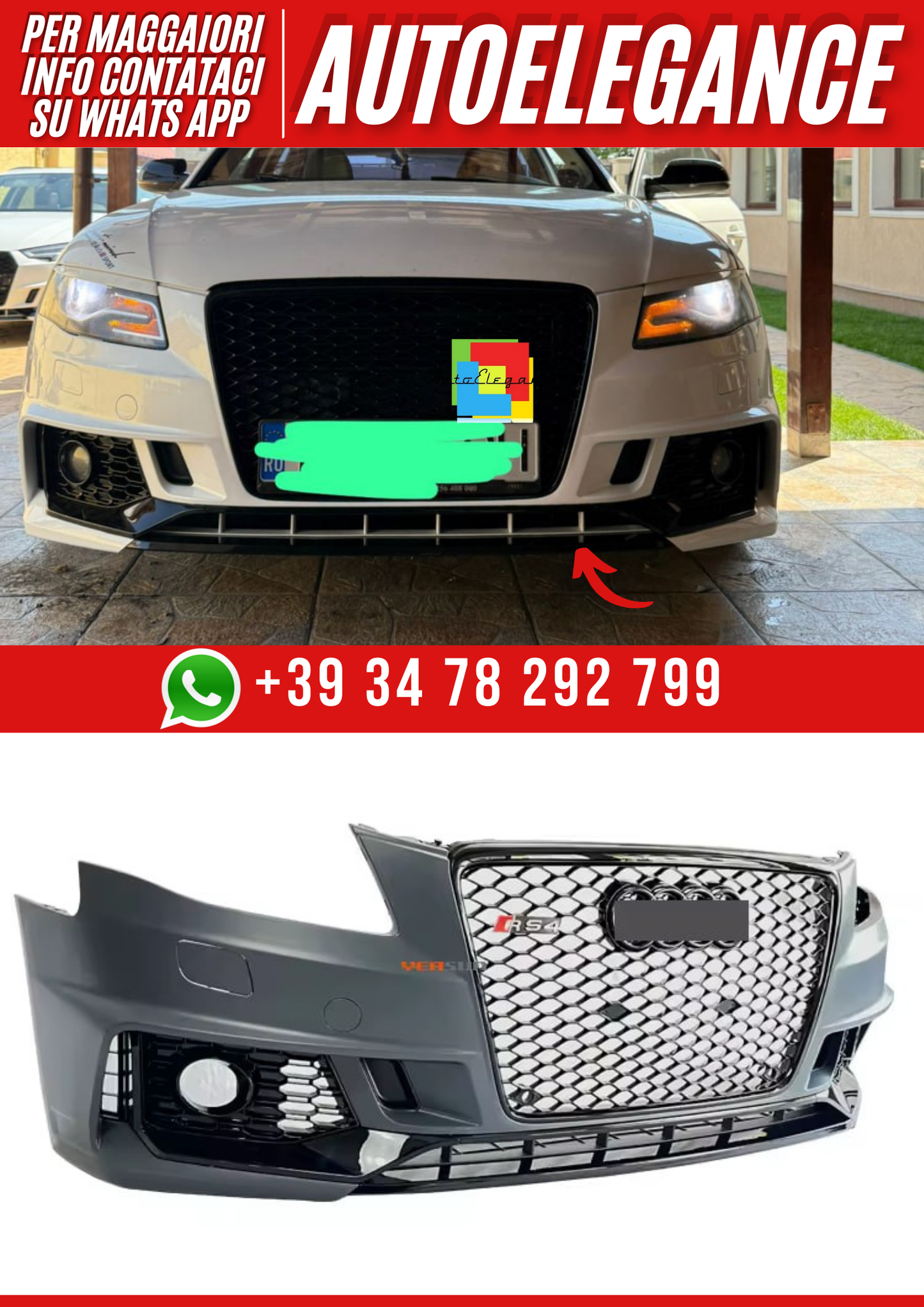 💕ART. 1955 PARAURTI RS4 ANTERIORE A4 B8 2007-2011 LOOK RS4💕