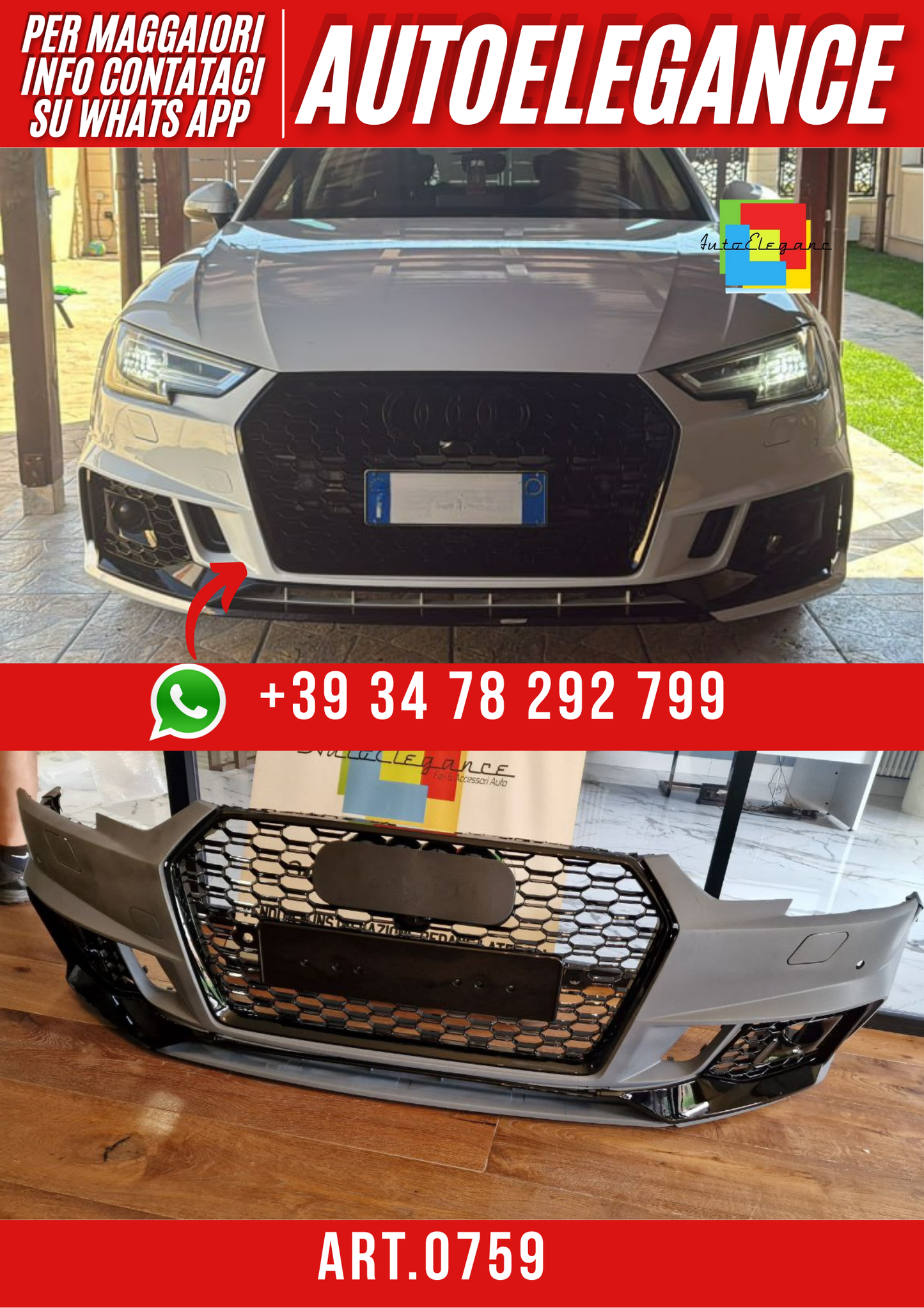 ART. 0759 PARAURTI ANTERIORE AUDI  A4 B9 2015-2018 LOOK RS4