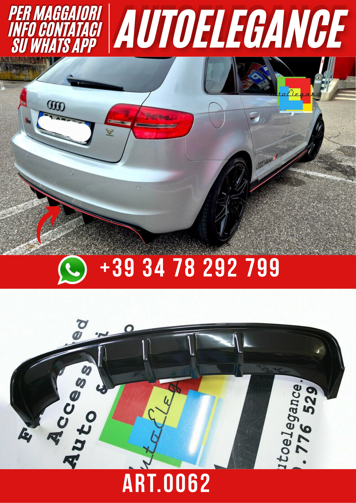 ART. 0062 DIFFUSORE AUDI A3 8P 2008-2012 3/5 PORTE LOOK RS3 NERO LUCIDO