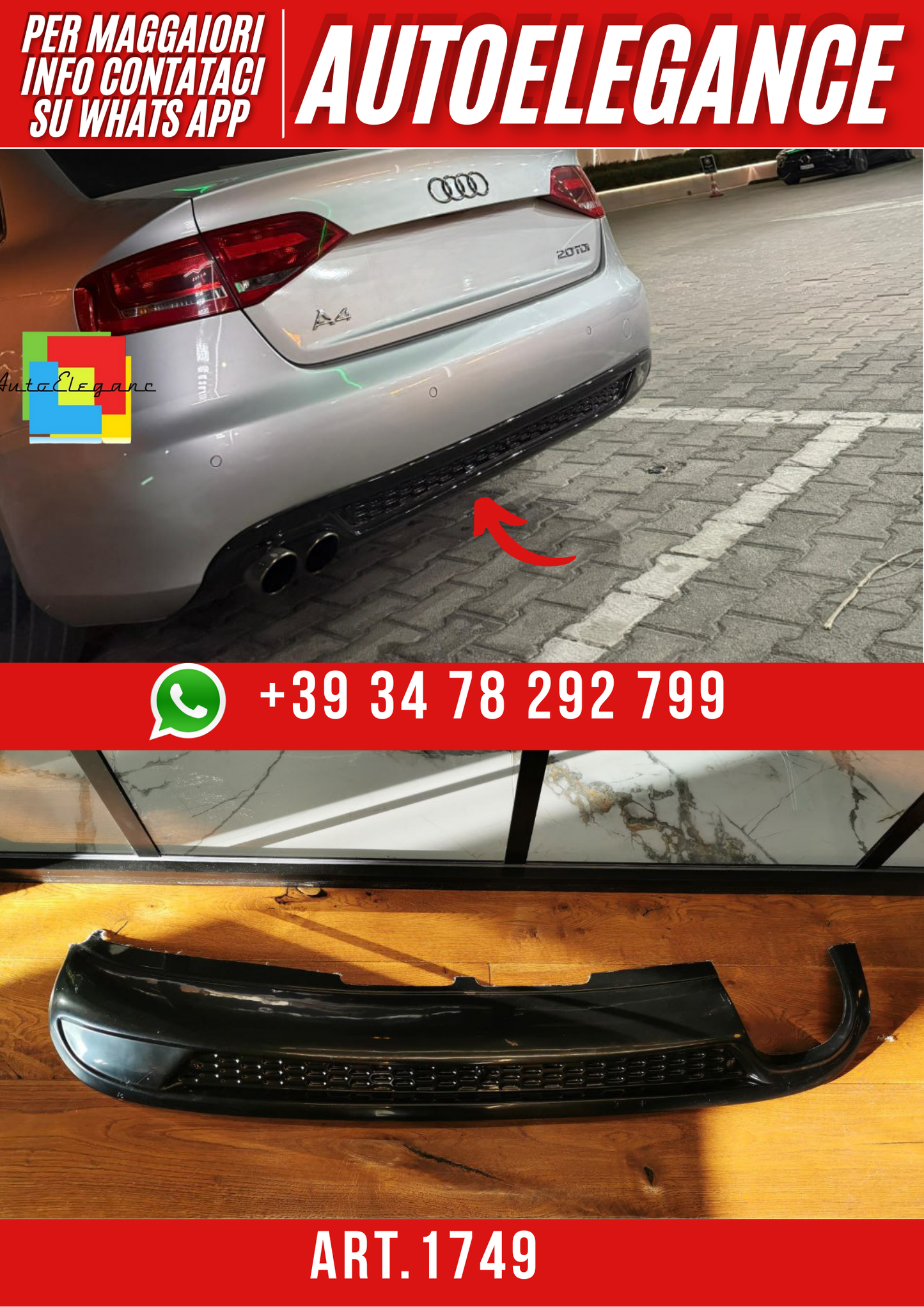 ART. 1749 DIFFUSORE AUDI A4 B8 2007-2011 LOOK SLINE 2SX NERO LUCIDO