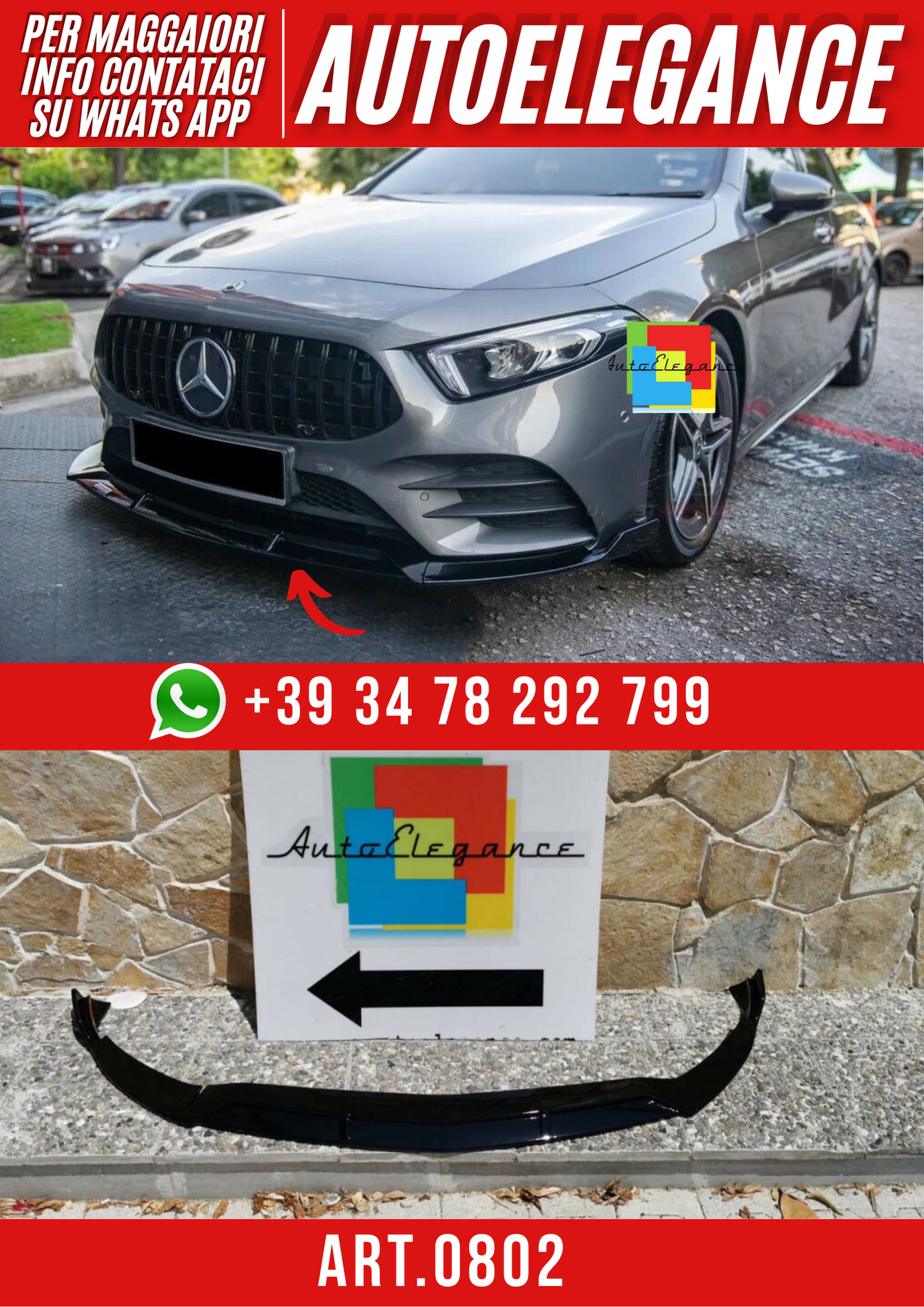 💕ART. 0802 SPLITTER MERCEDES CLASSE A W177 AMG NERO LUCIDO 3 PEZZI💕
