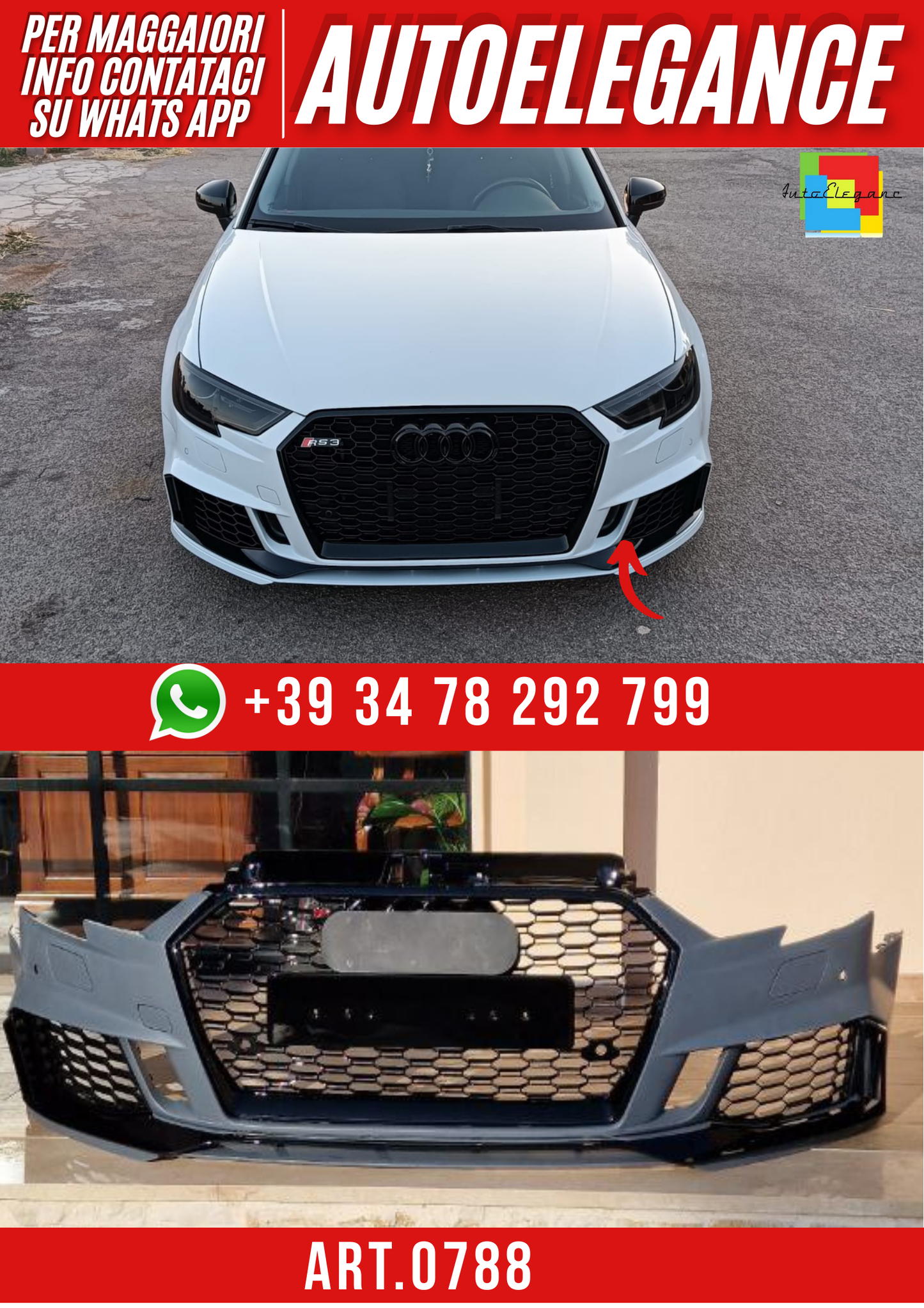 ART. 0788 PARAURTI ANTERIORE A3 8V 2017-2020 HATCHBACK LOOK RS3  - AUTOAFTER