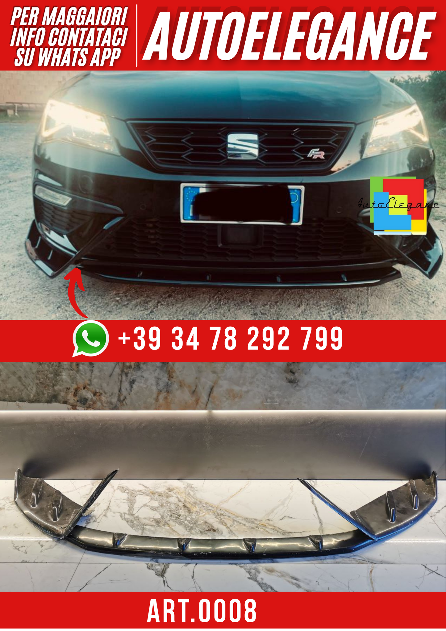 ART. 0008 SPLITTER  SEAT LEON 5F FL 2017-2020 FR LOOK LENZ DESIGN 3 PEZZI