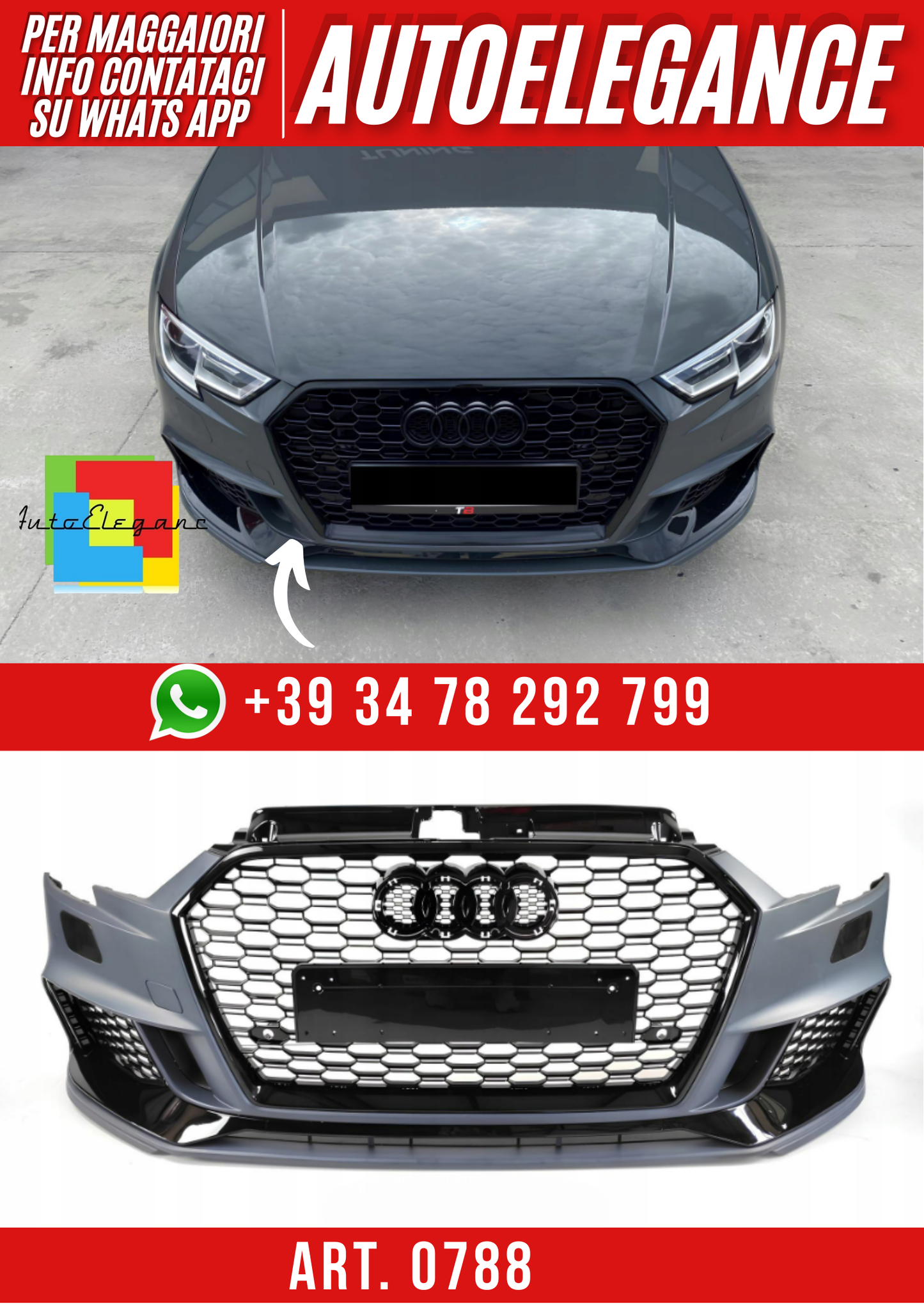 art.0788 Bodykit Paraurti anteriore Audi A3 8V RS3 Look (2016–2020)