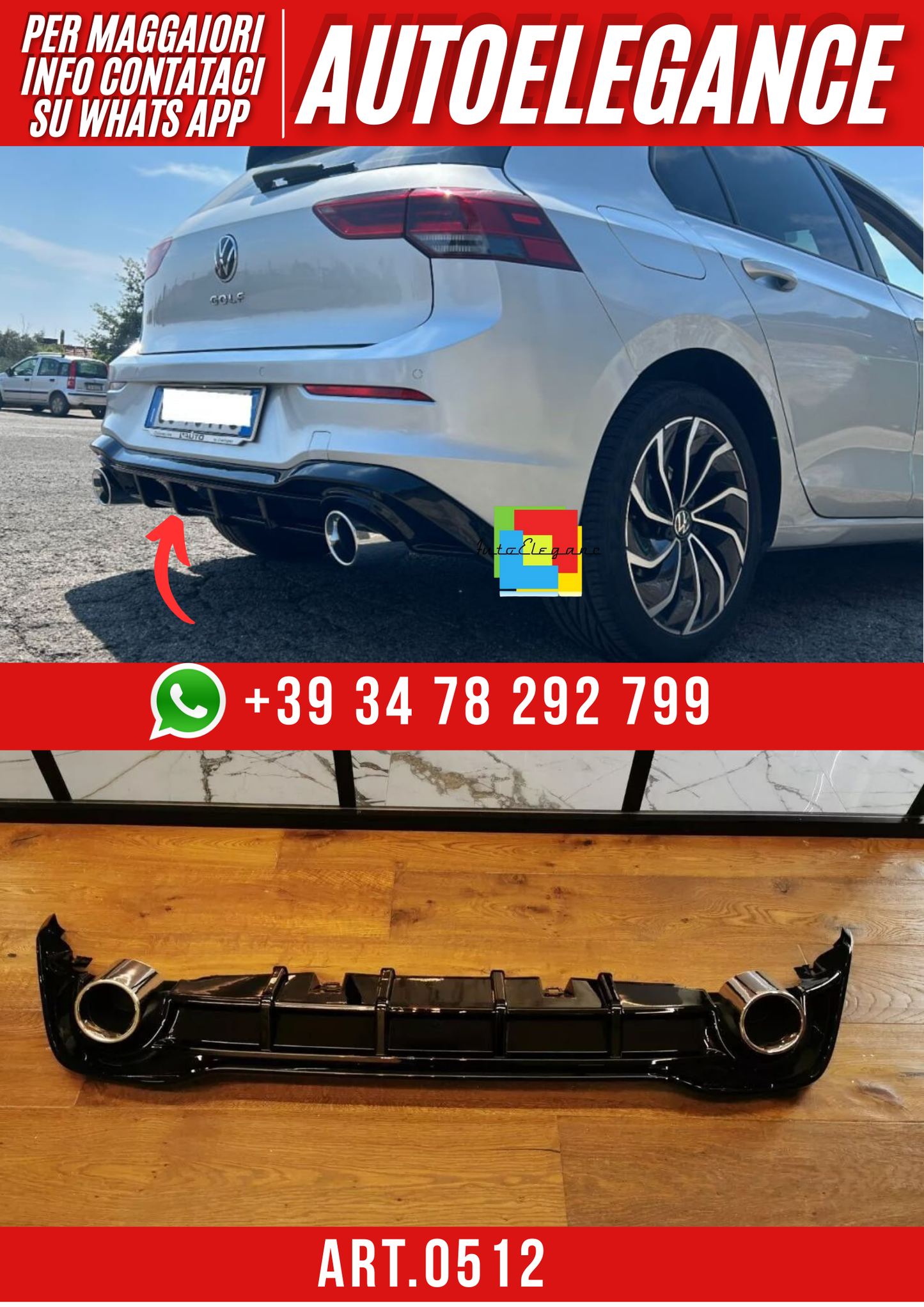 ART. 0512 DIFFUSORE GOLF 8 VIII 1+1 LOOK GTI NERO LUCIDO + TERMINALI
