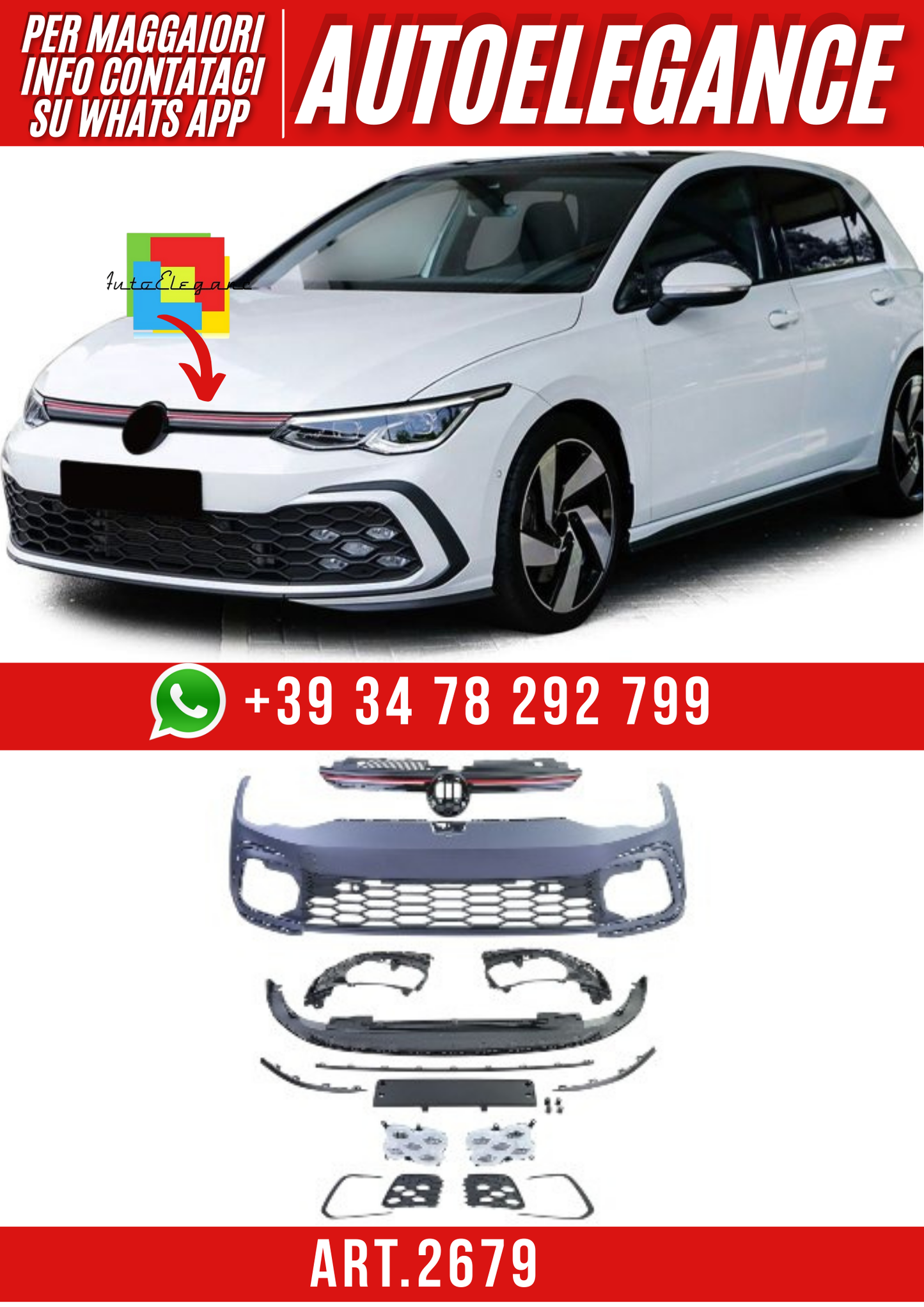 ART.2679 Paraurti Anteriore Sport con Calandra per VW Golf 8 anche GTI 2019+