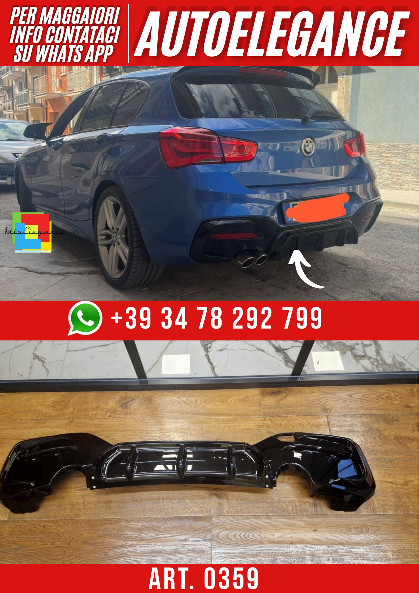 ART. 0359 DIFFUSORE BMW SERIE 1 F20 F21 MSPORT 2015-2019 1+1 NERO LUCIDO
