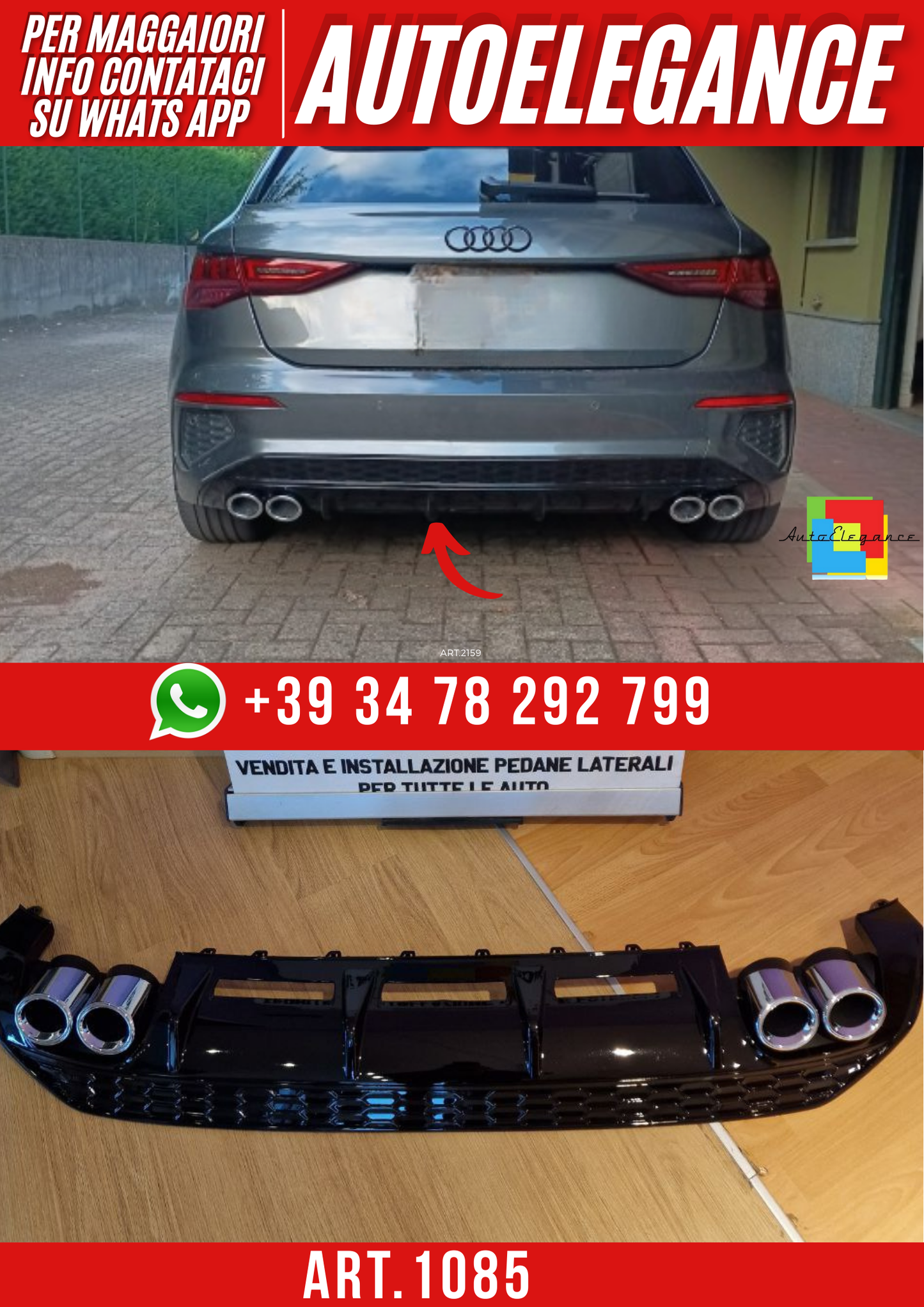 ART. 1085 DIFFUSORE AUDI  A3 8Y 2020-2024 SPORTBACK BERLINA LOOK S3