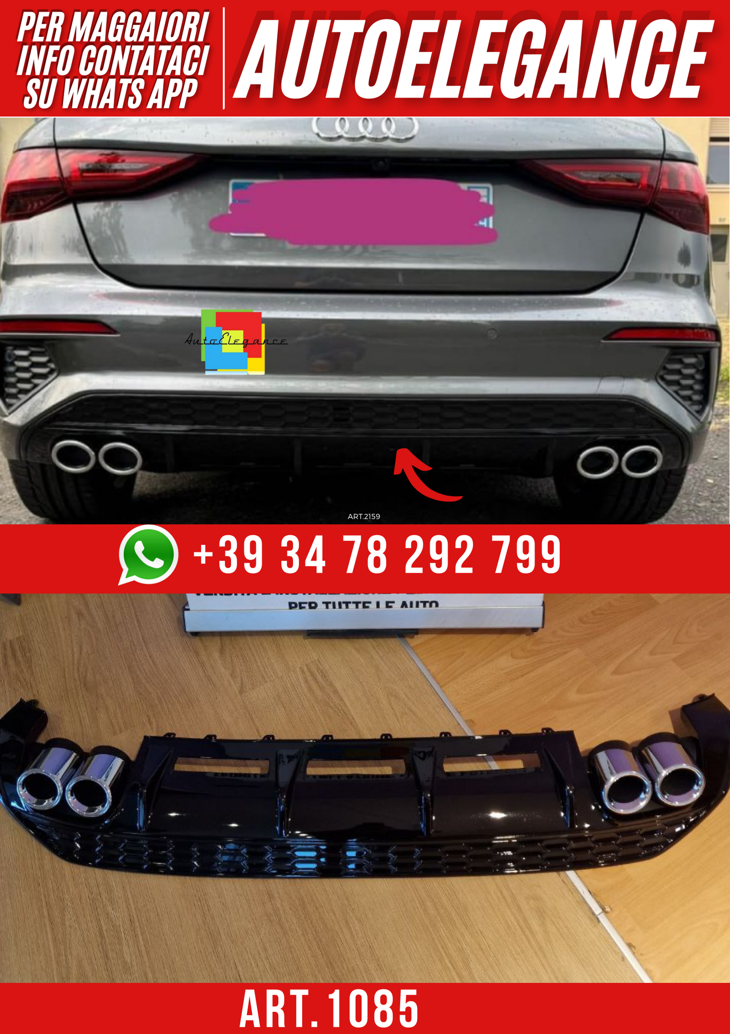 ART. 1085 DIFFUSORE AUDI  A3 8Y 2020-2024 SPORTBACK BERLINA LOOK S3