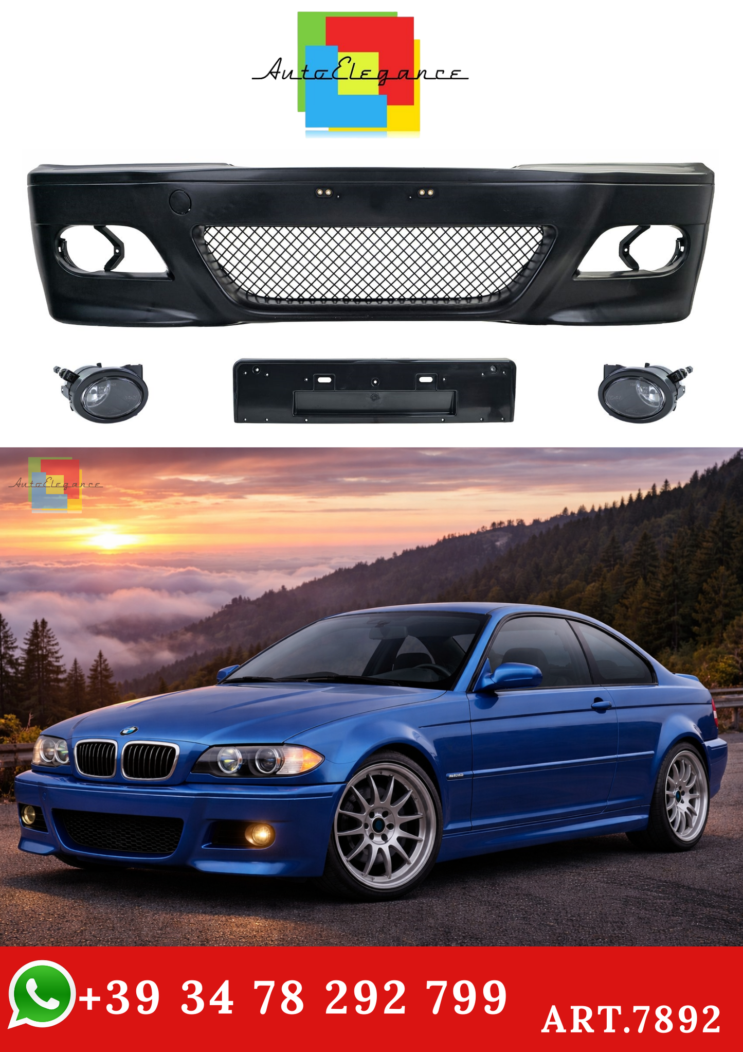💫ART.7892 Paraurti Anteriore + Fari Antinebbia trasparenti per BMW E46 Coupe💫
