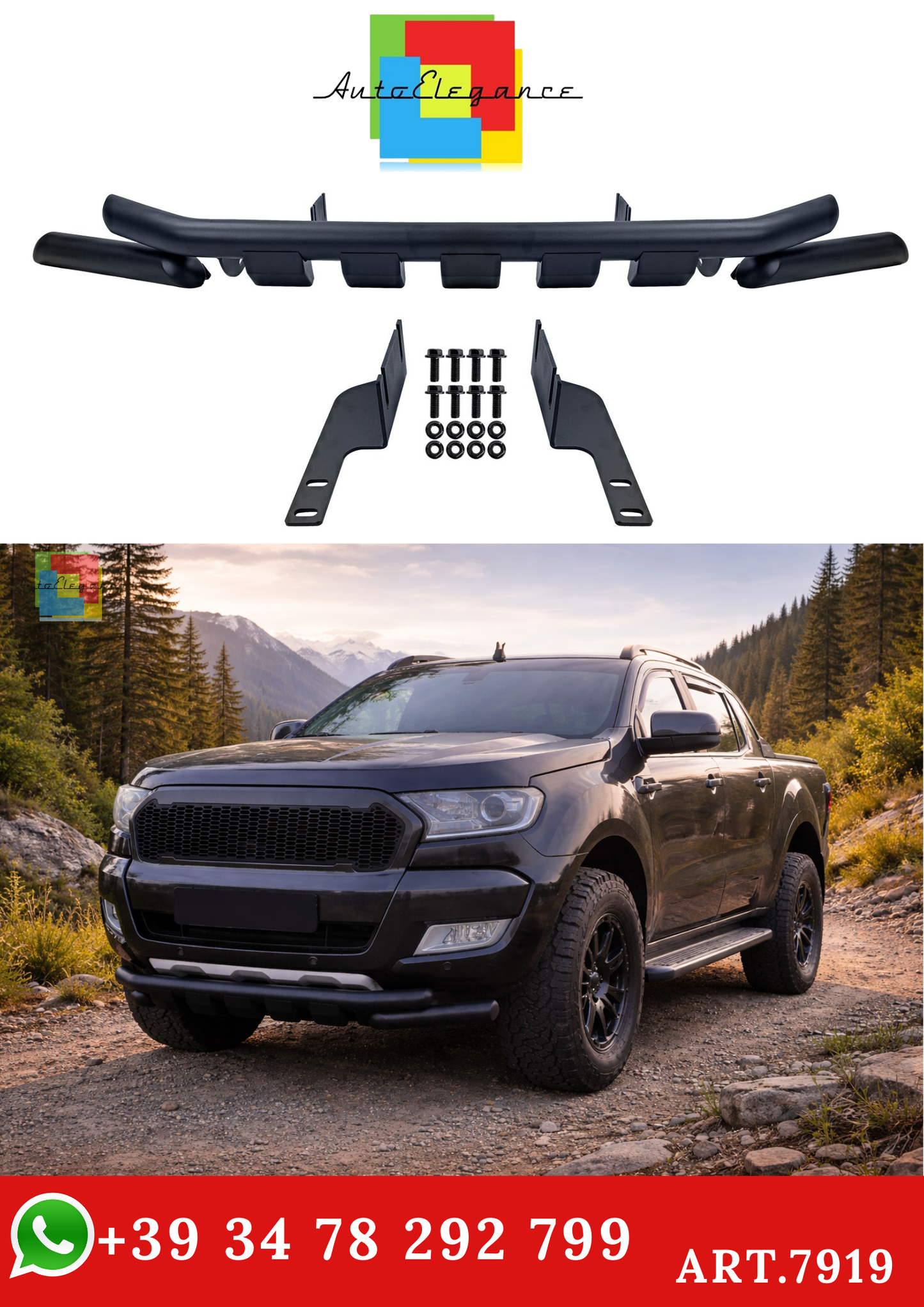 💫ART.7919 Protezione Sottoscocca “Bullbar” nera per Ford Ranger T6 T7 T8 12-22💫