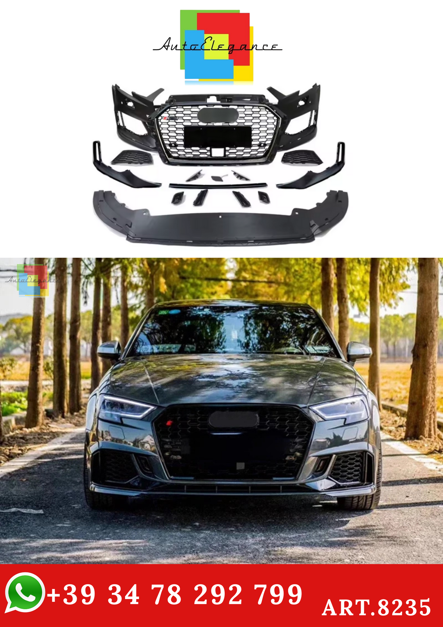 💫ART.8235 Paraurti Anteriore stile RS3 per Audi A3 8V S3 Berlina con foro ACC 17-19 💫