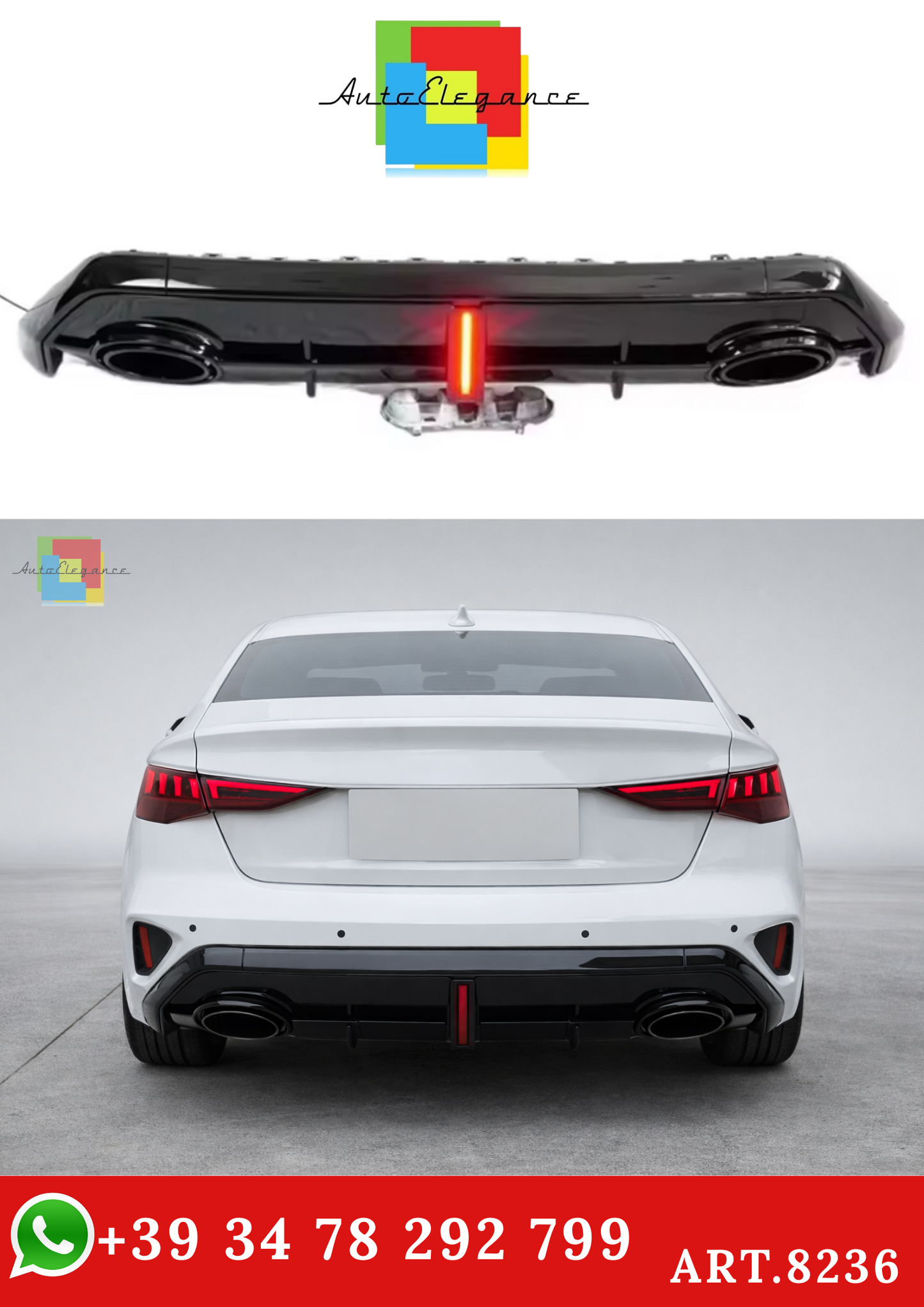 💫ART.8236 Diffusore Posteriore RS3 S-Line per Audi A3 Hatchback Sedan 2024+💫