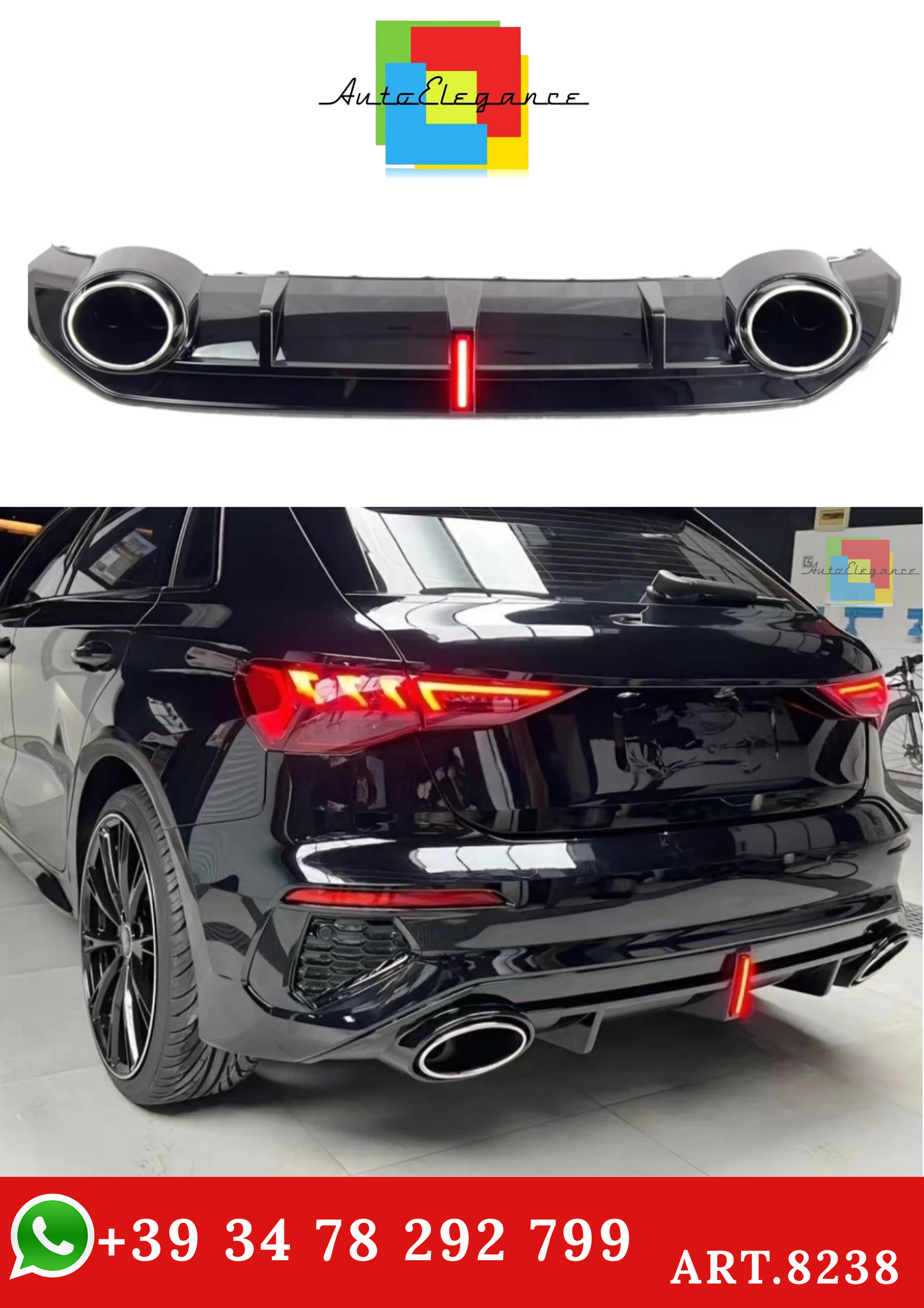 💫ART.8238 Diffusore Posteriore con LED per Audi A3 S-Line RS3 2021-2024💫