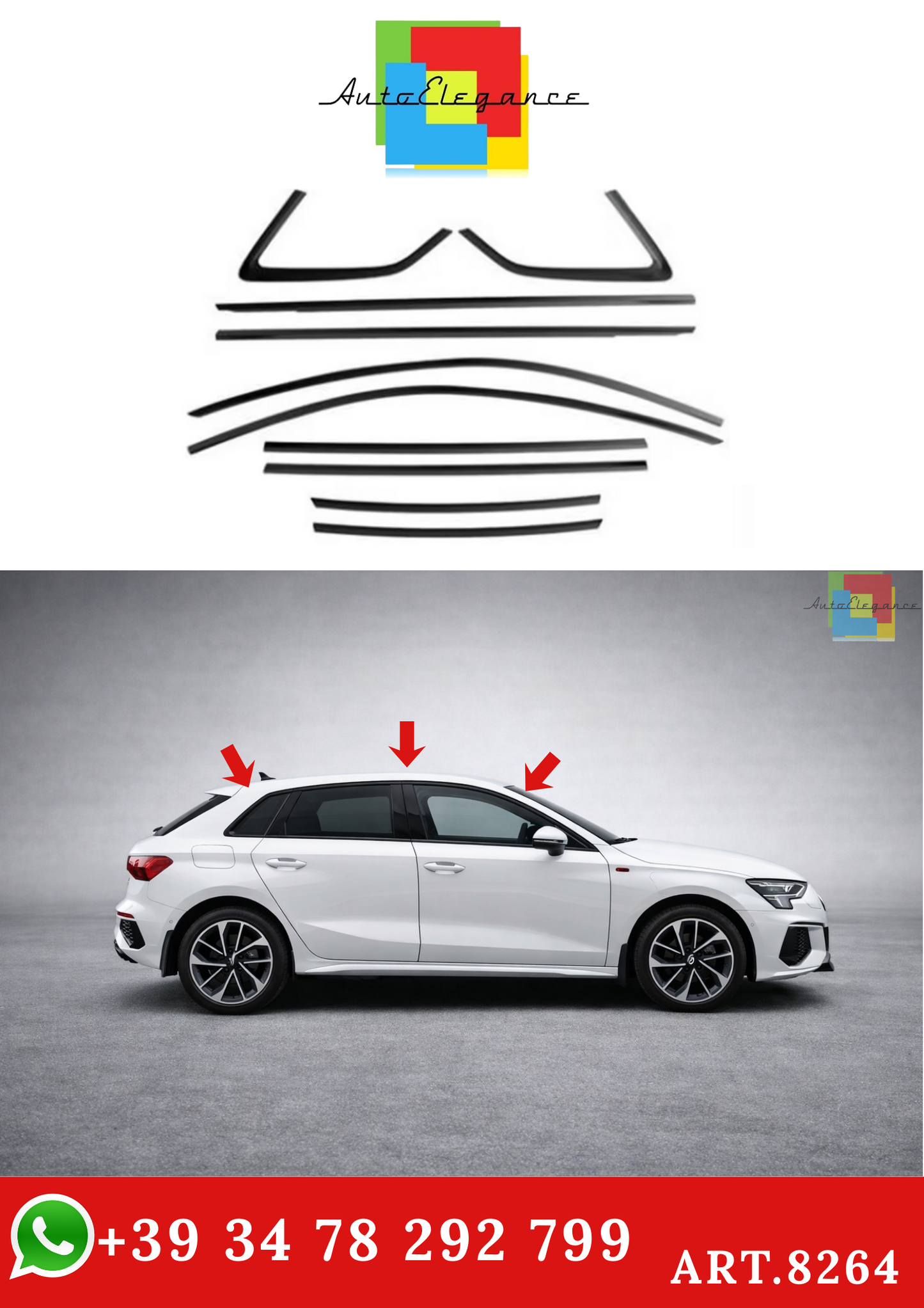 💫ART.8264 (10 pz) Modanature Finestrini Laterali per Audi A3 S3 Hatchback 2021+💫