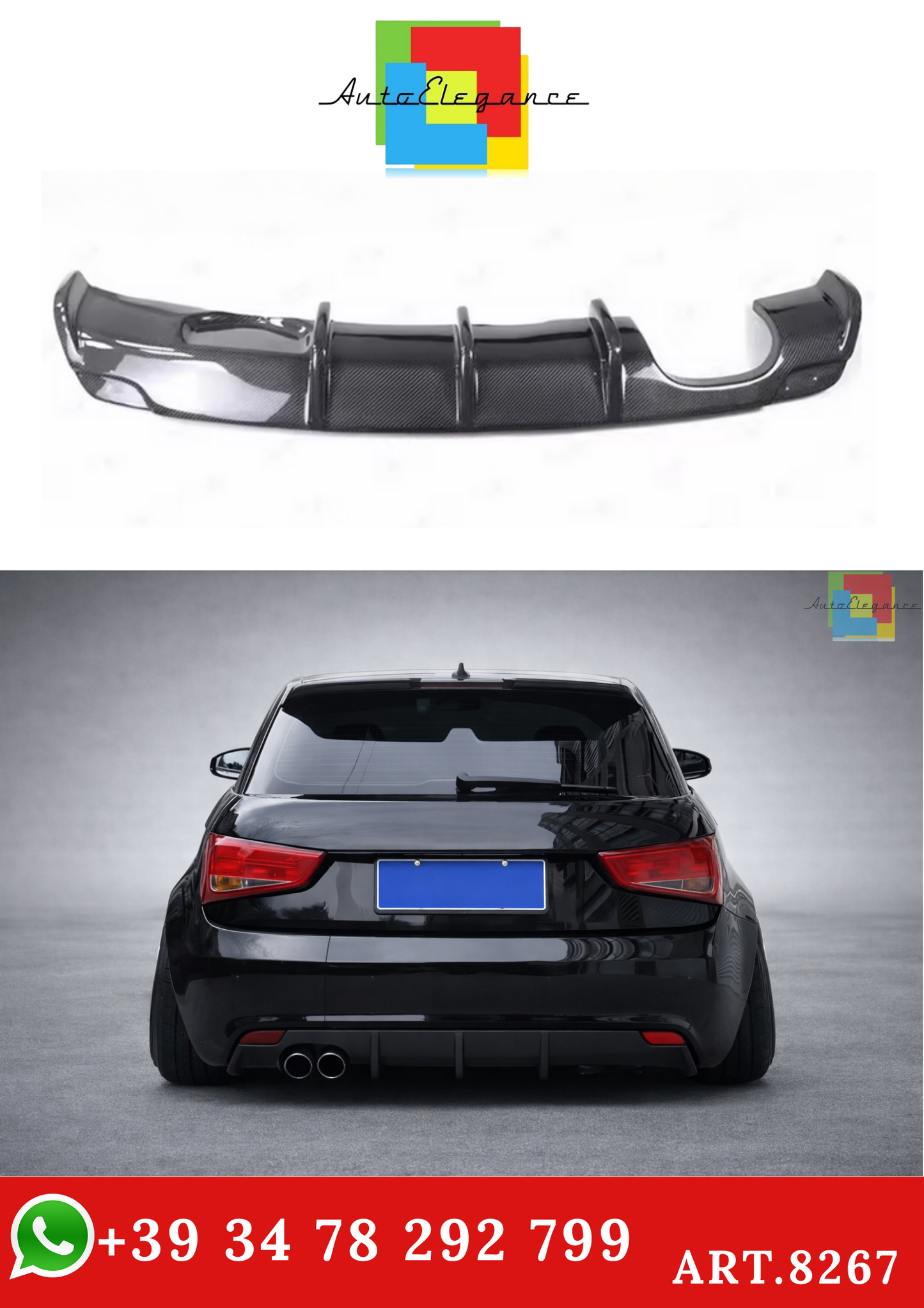 💫ART.8267 Diffusore Posteriore Singolo Uscita Look Carbonio per Audi A1 2011-2014💫