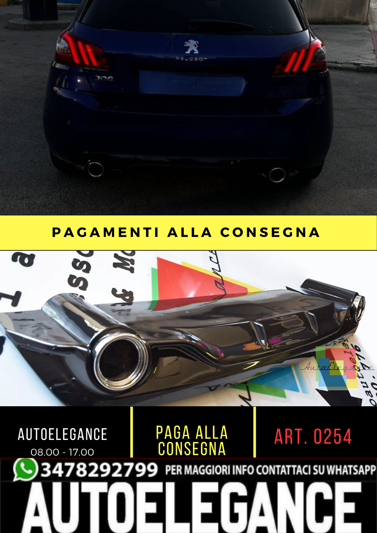 ✨0254 DIFFUSORE ADATTO PER PEUGEOT 308 II 5 PORTE 13-21 LOOK GTI NERO LUCIDO✨